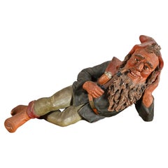 Antique Terra Cotta Gnome Lying Down and Smoking a Pipe