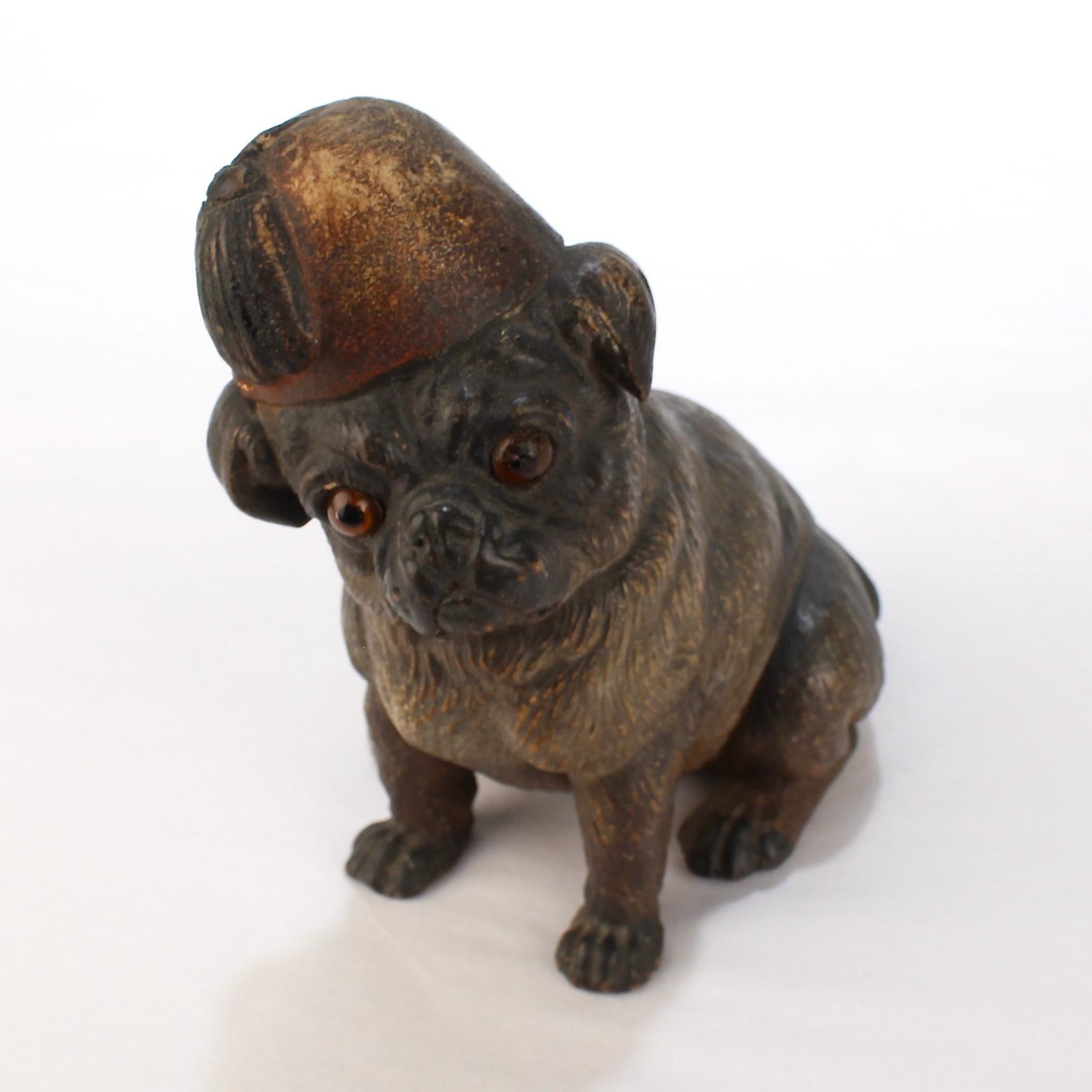 Cold-Painted Antique Terra Cotta Pottery Pug Dog Figure from the Mario Buatta Collection