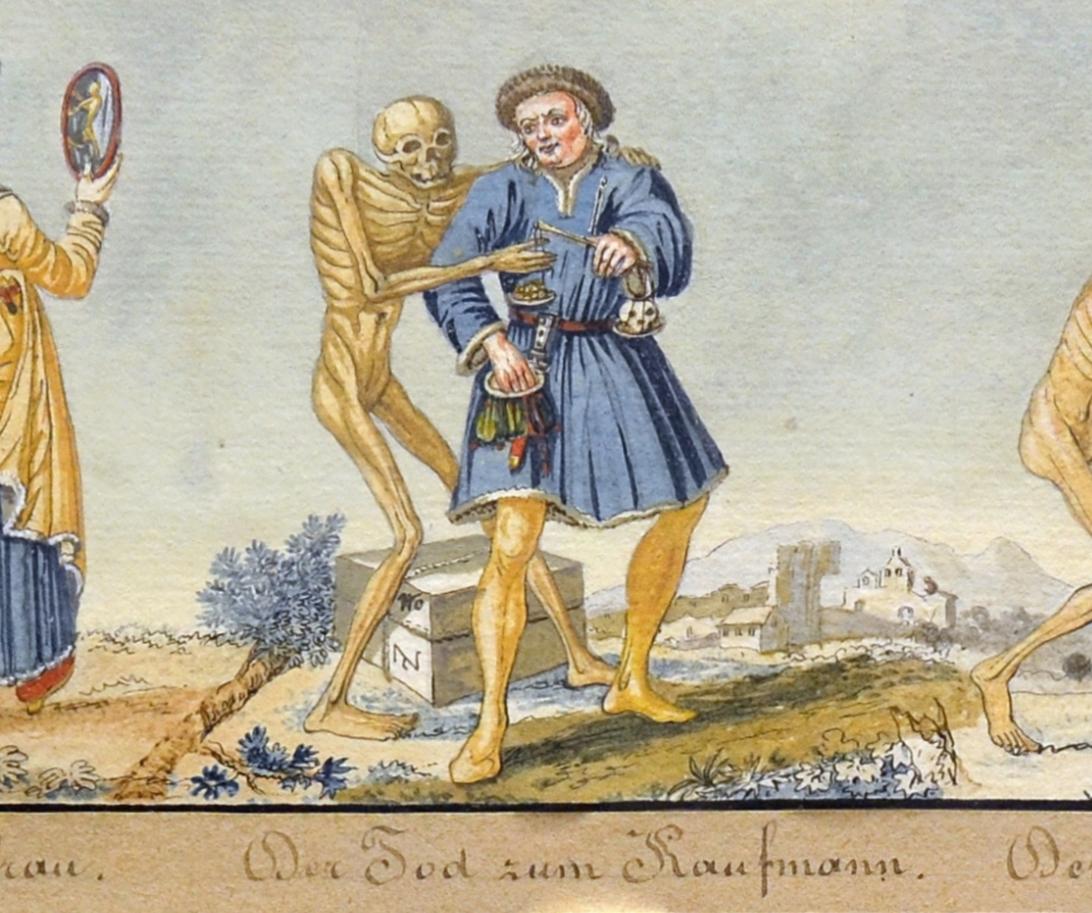 Antica figura in terracotta della morte e del mercante Basler Totentanz Macabre Zizenhausen in vendita 2