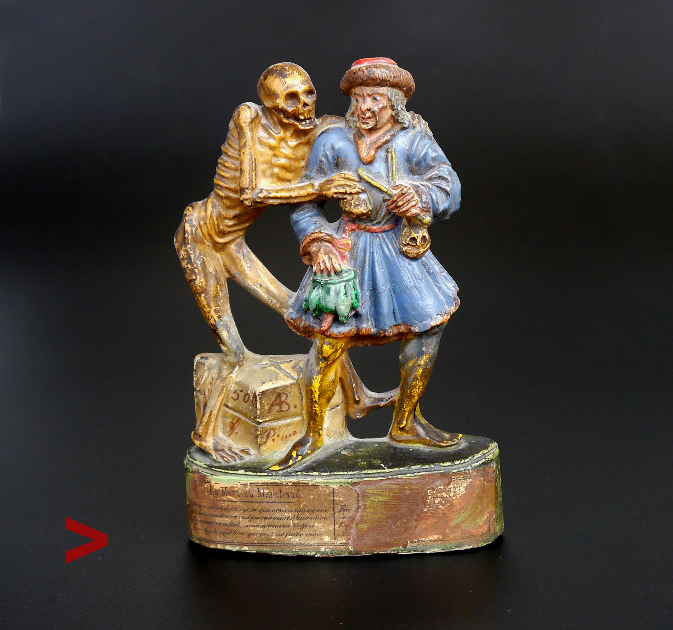 Rarissima statuetta in terracotta raffigurante la Morte e il Mercante - secondo il ciclo della Danse Macabre di Zizenhausen o Totentanz aus Zizenhausen o Danza della Morte di Basilea. Ho due figure della serie di quarantadue figure modellate da