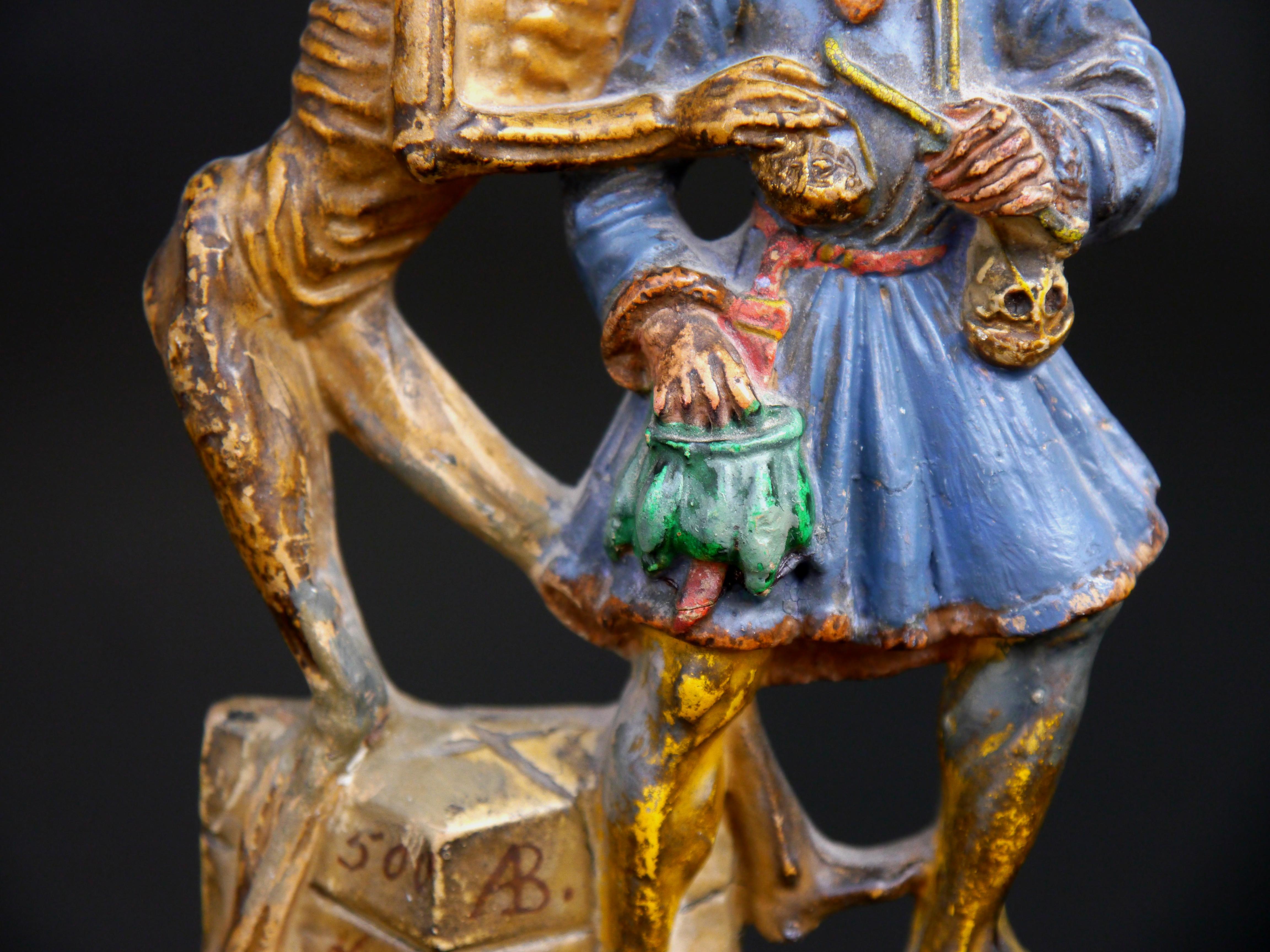Tedesco Antica figura in terracotta della morte e del mercante Basler Totentanz Macabre Zizenhausen in vendita