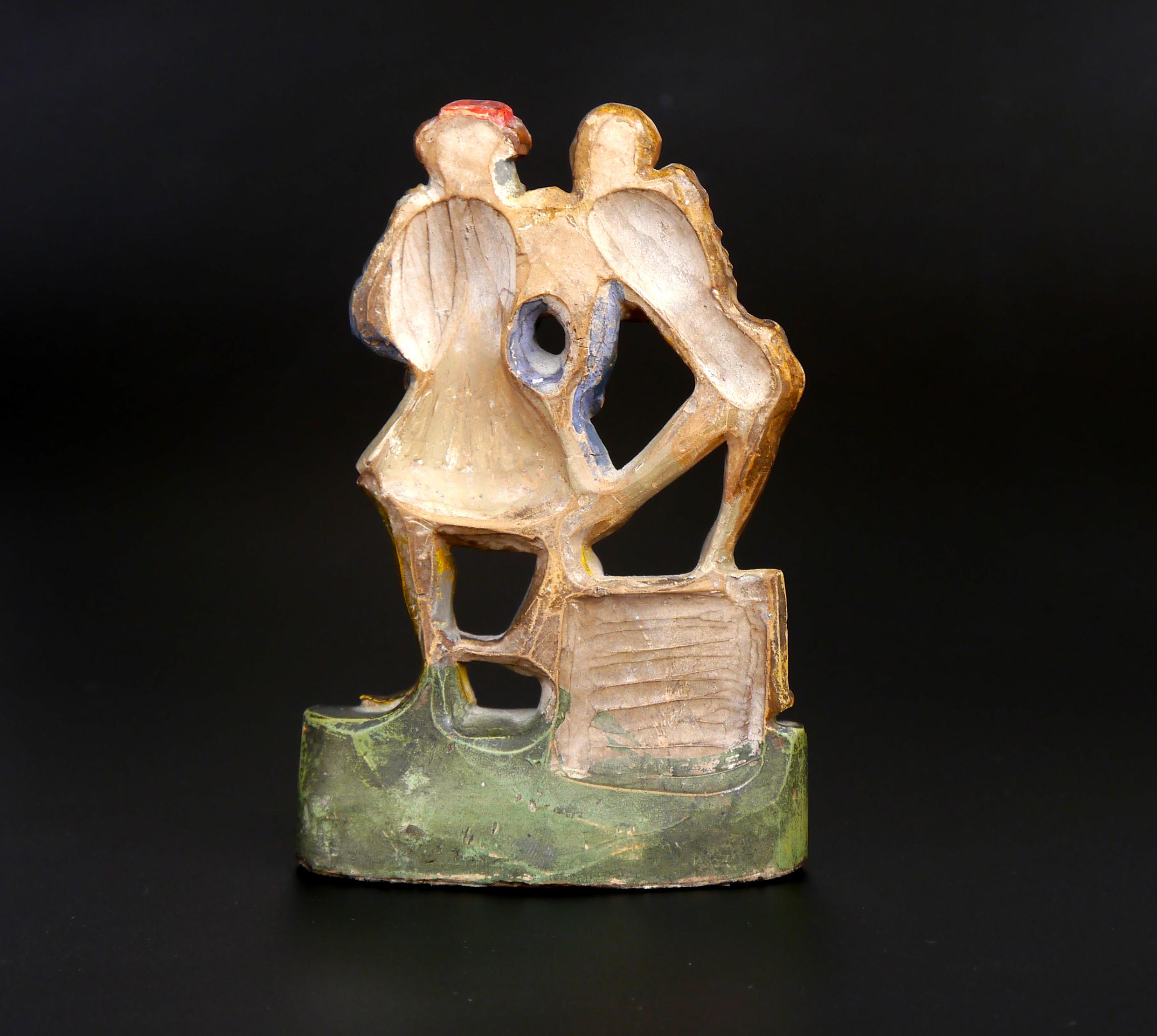 Metà XIX secolo Antica figura in terracotta della morte e del mercante Basler Totentanz Macabre Zizenhausen in vendita