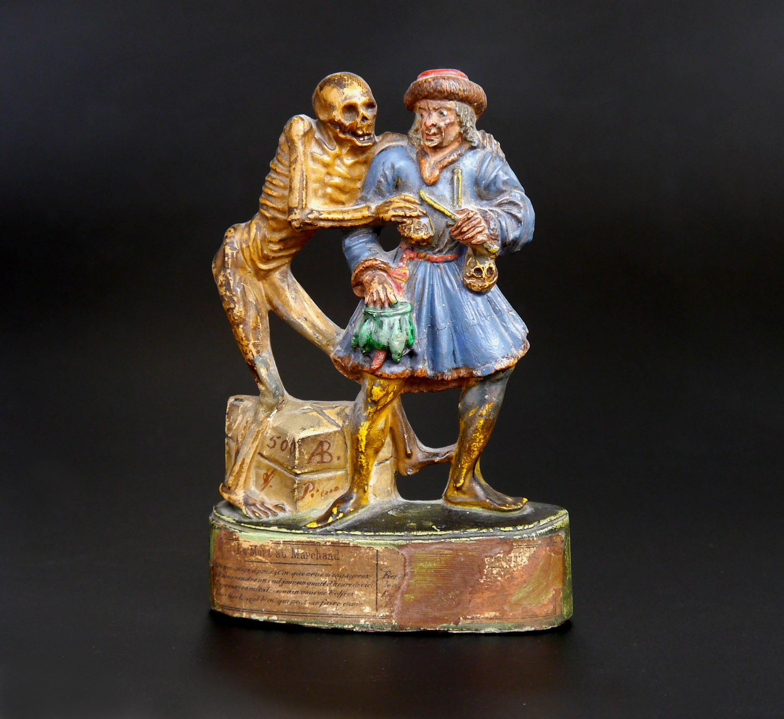 Antica figura in terracotta della morte e del mercante Basler Totentanz Macabre Zizenhausen in vendita 1
