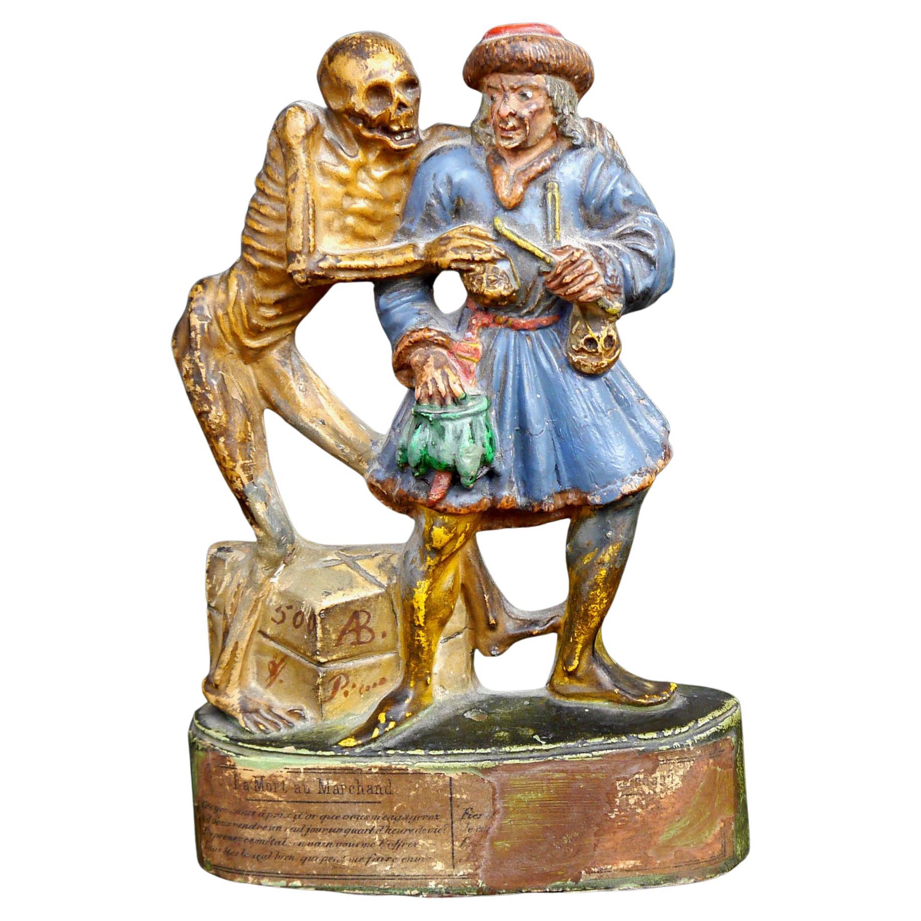 Antica figura in terracotta della morte e del mercante Basler Totentanz Macabre Zizenhausen