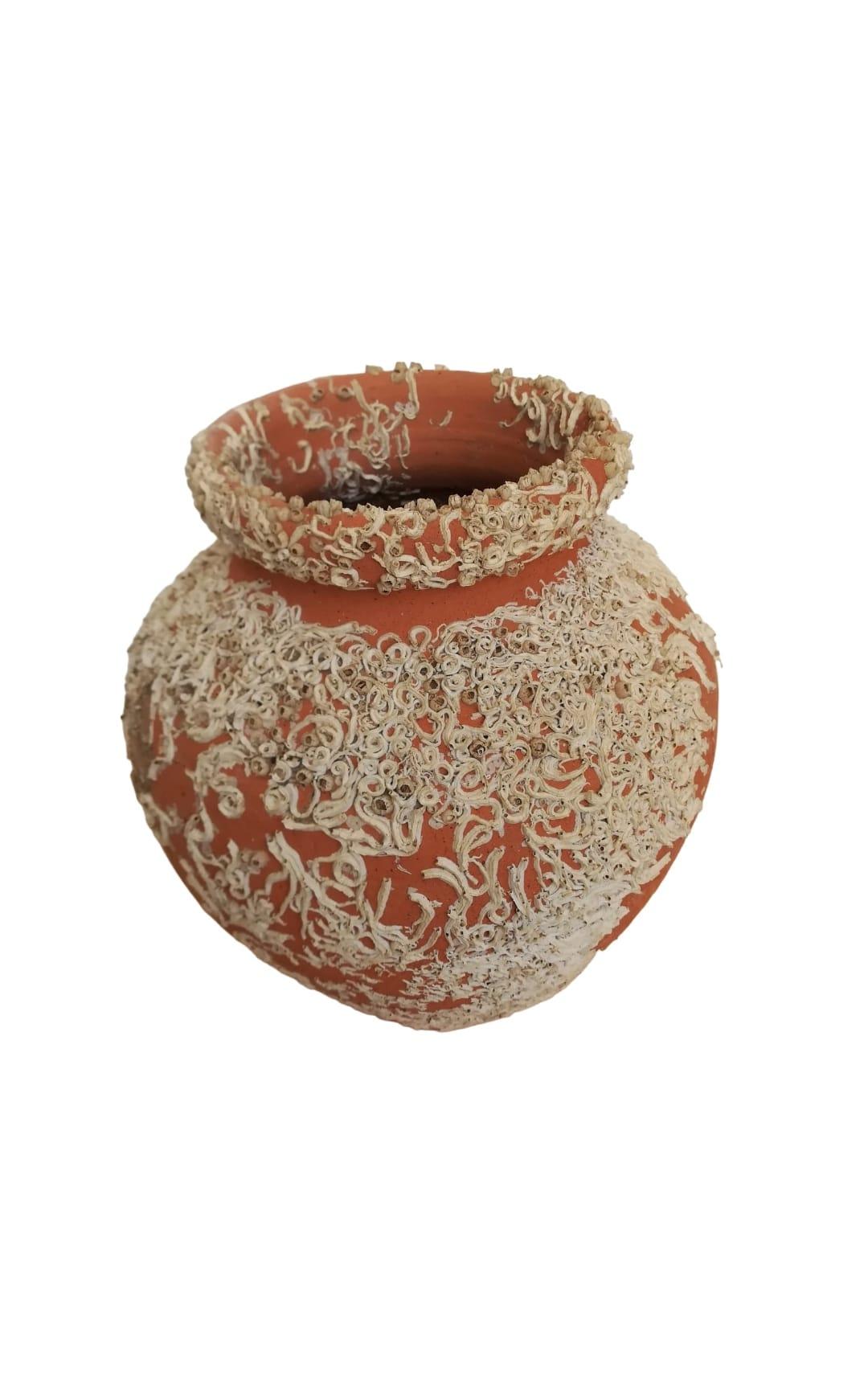These pots  are stunning  sculptural treasures  from the sea.

An handmade terracota pot submerged under sea and used as a trap for individual octopus, a lovely pink.
Oyster shells create beautiful pearl iridescence and coral brings. 
Each pot has a