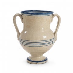 Anfora antica in terracotta, smalto crema e blu cobalto, Puglia, 1880