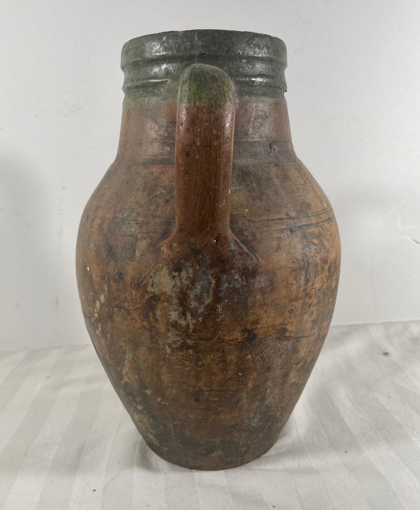 Glazed Antique Terracotta Amphora Olive Oil Pot For Sale