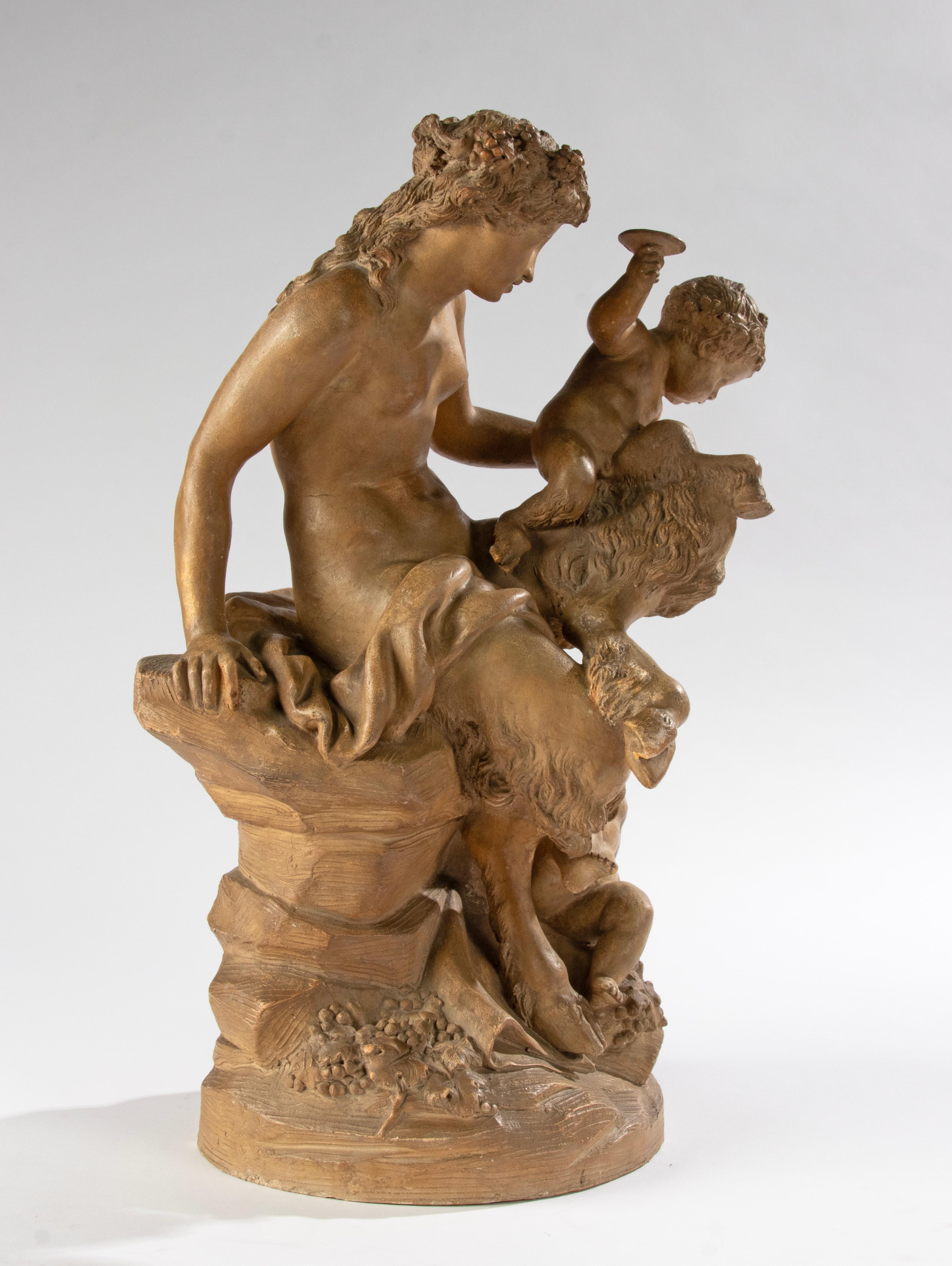 Late 19th Century Antique Terracotta Bacchanale Sculpture with Faun and Putti - After Clodion For Sale
