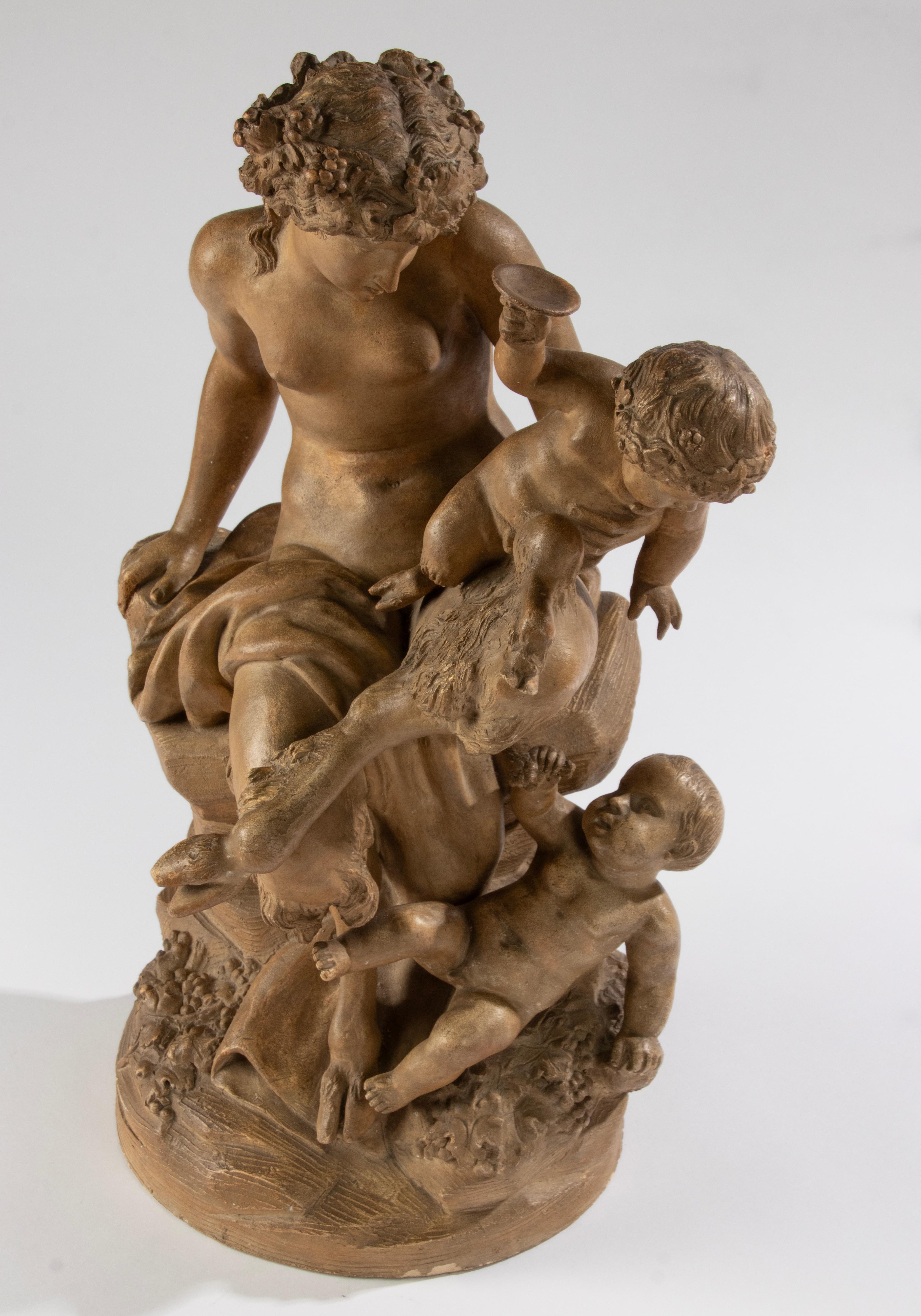 Antique Terracotta Bacchanale Sculpture with Faun and Putti - After Clodion For Sale 2