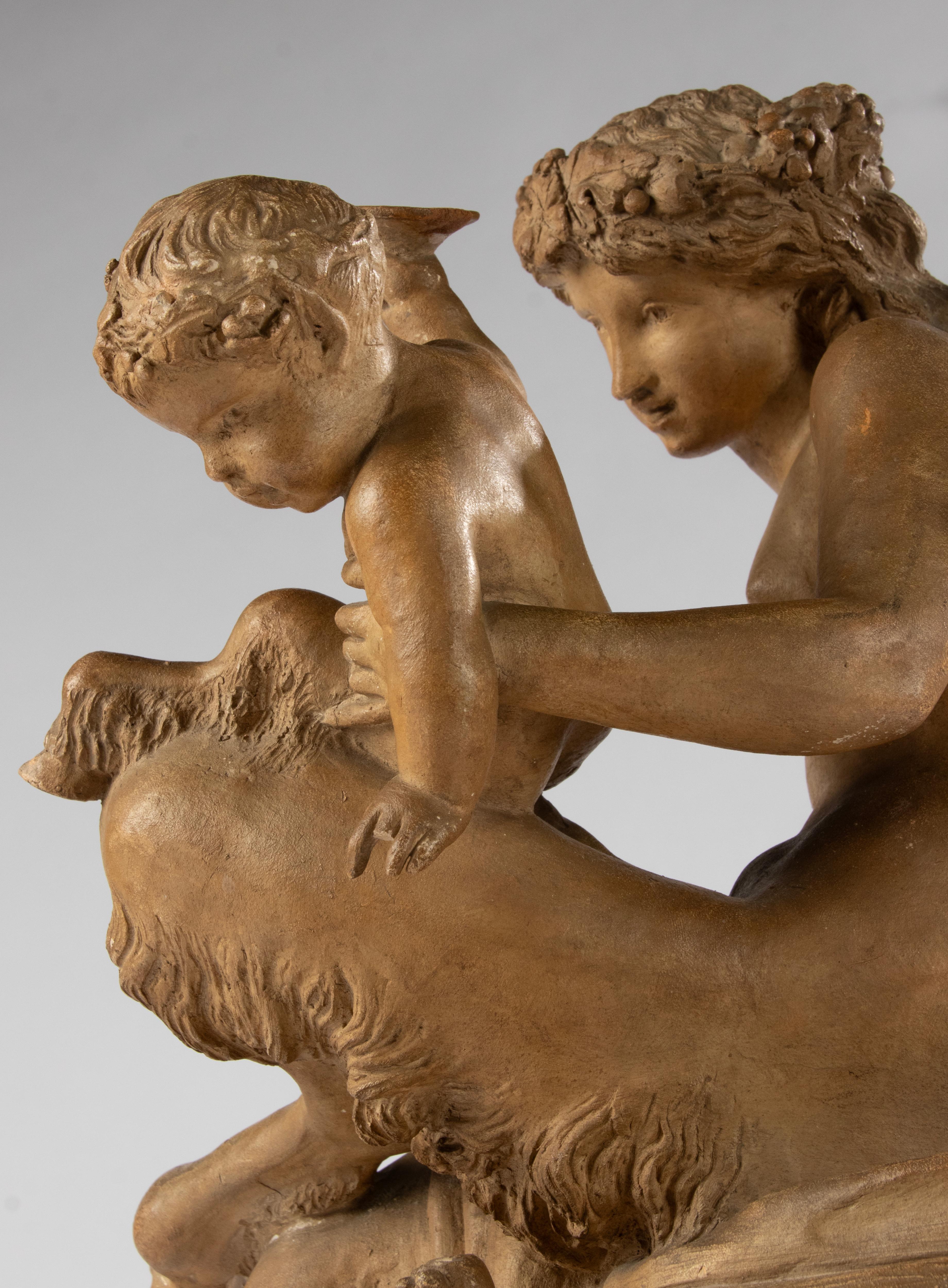 Antique Terracotta Bacchanale Sculpture with Faun and Putti - After Clodion For Sale 8