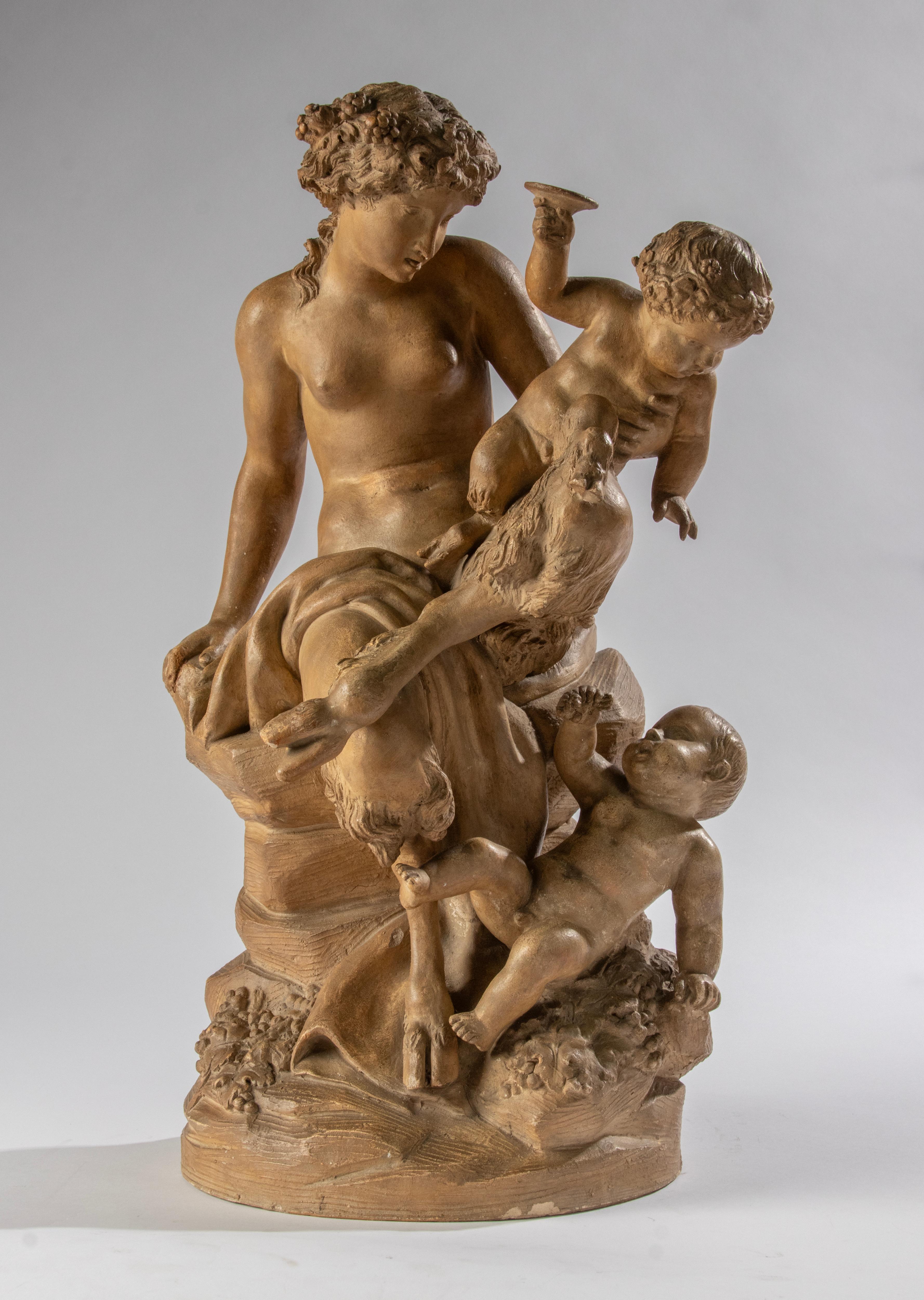 Rococo Antique Terracotta Bacchanale Sculpture with Faun and Putti - After Clodion For Sale