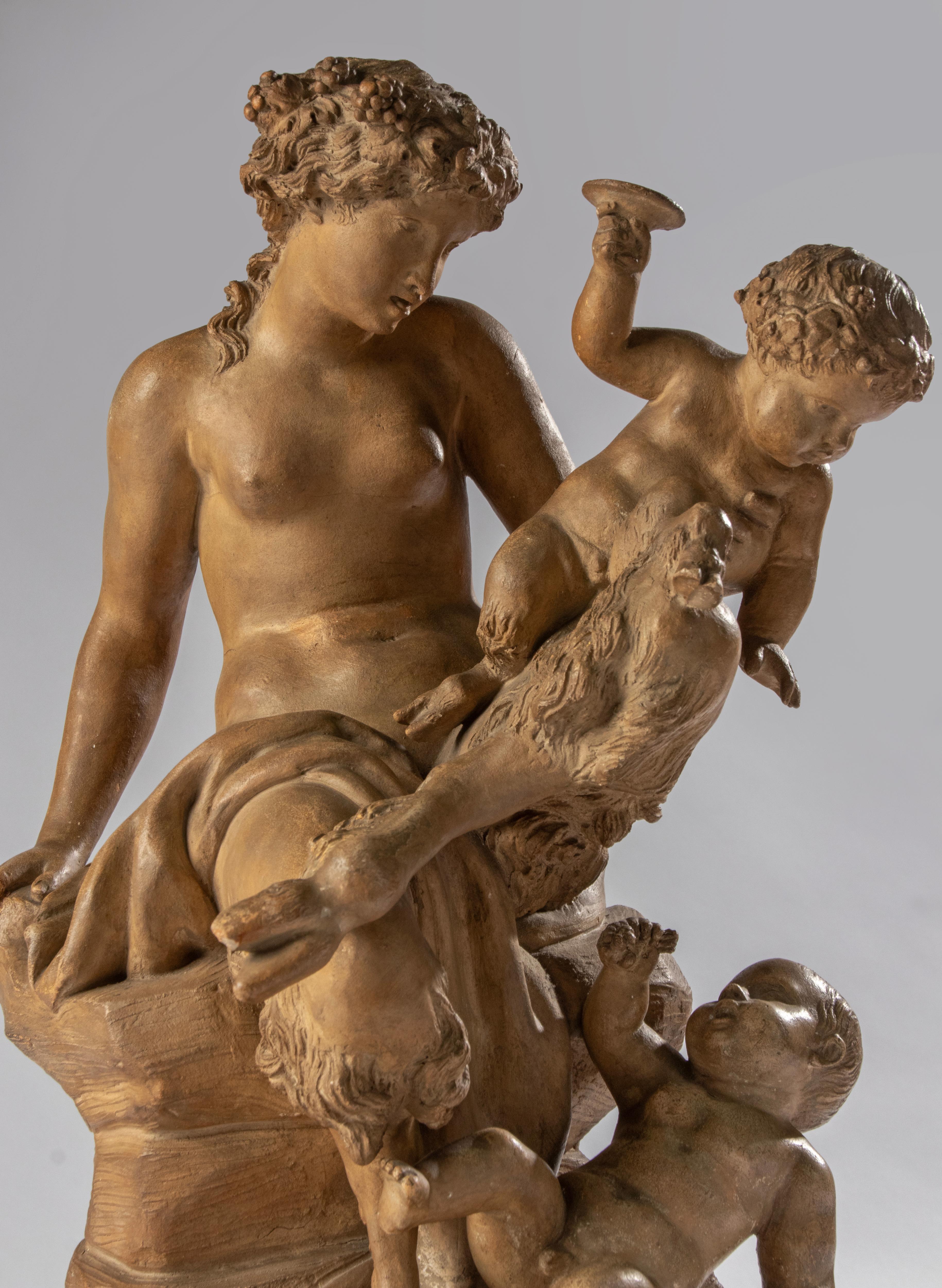 French Antique Terracotta Bacchanale Sculpture with Faun and Putti - After Clodion For Sale