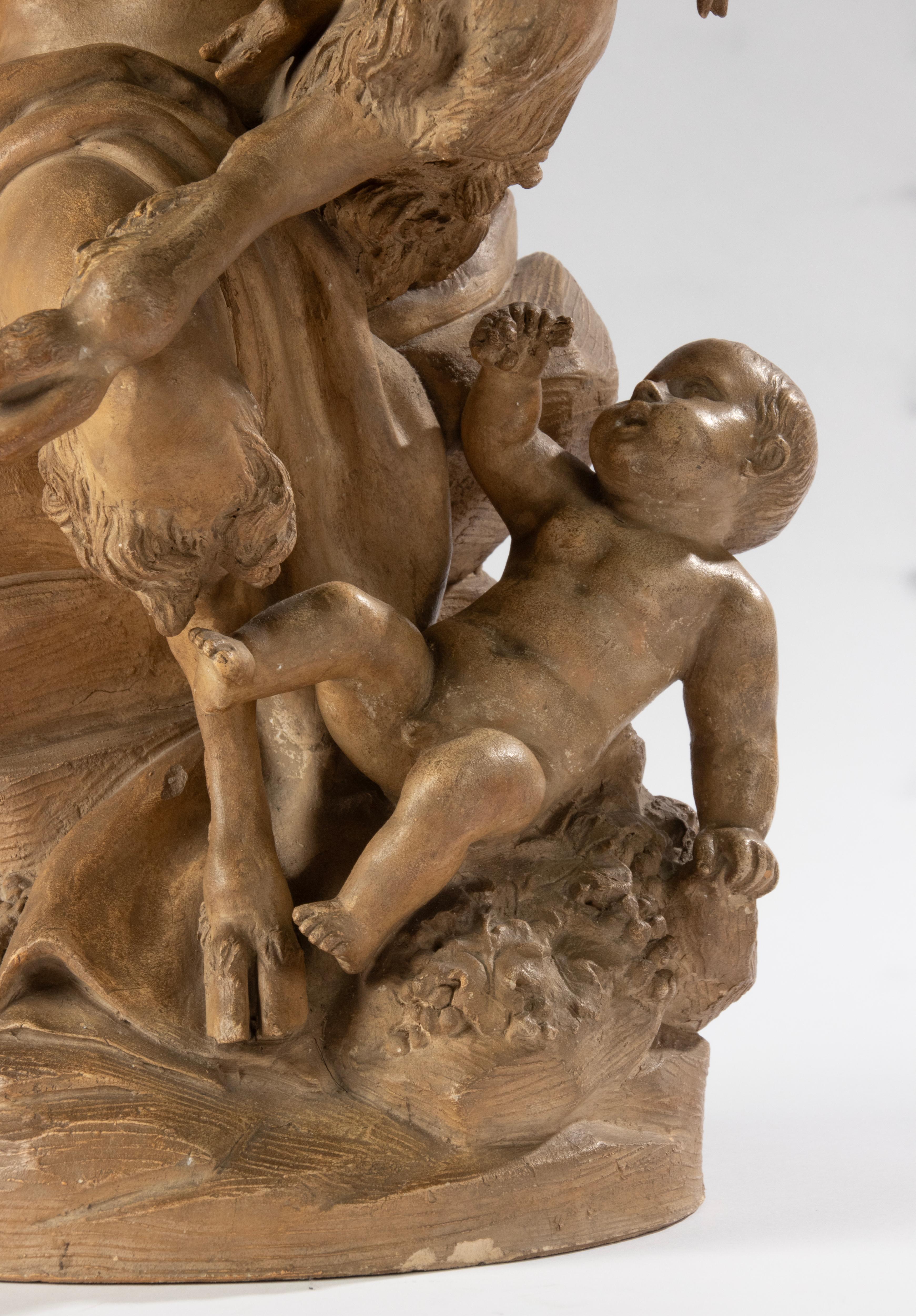 Antique Terracotta Bacchanale Sculpture with Faun and Putti - After Clodion In Good Condition For Sale In Casteren, Noord-Brabant