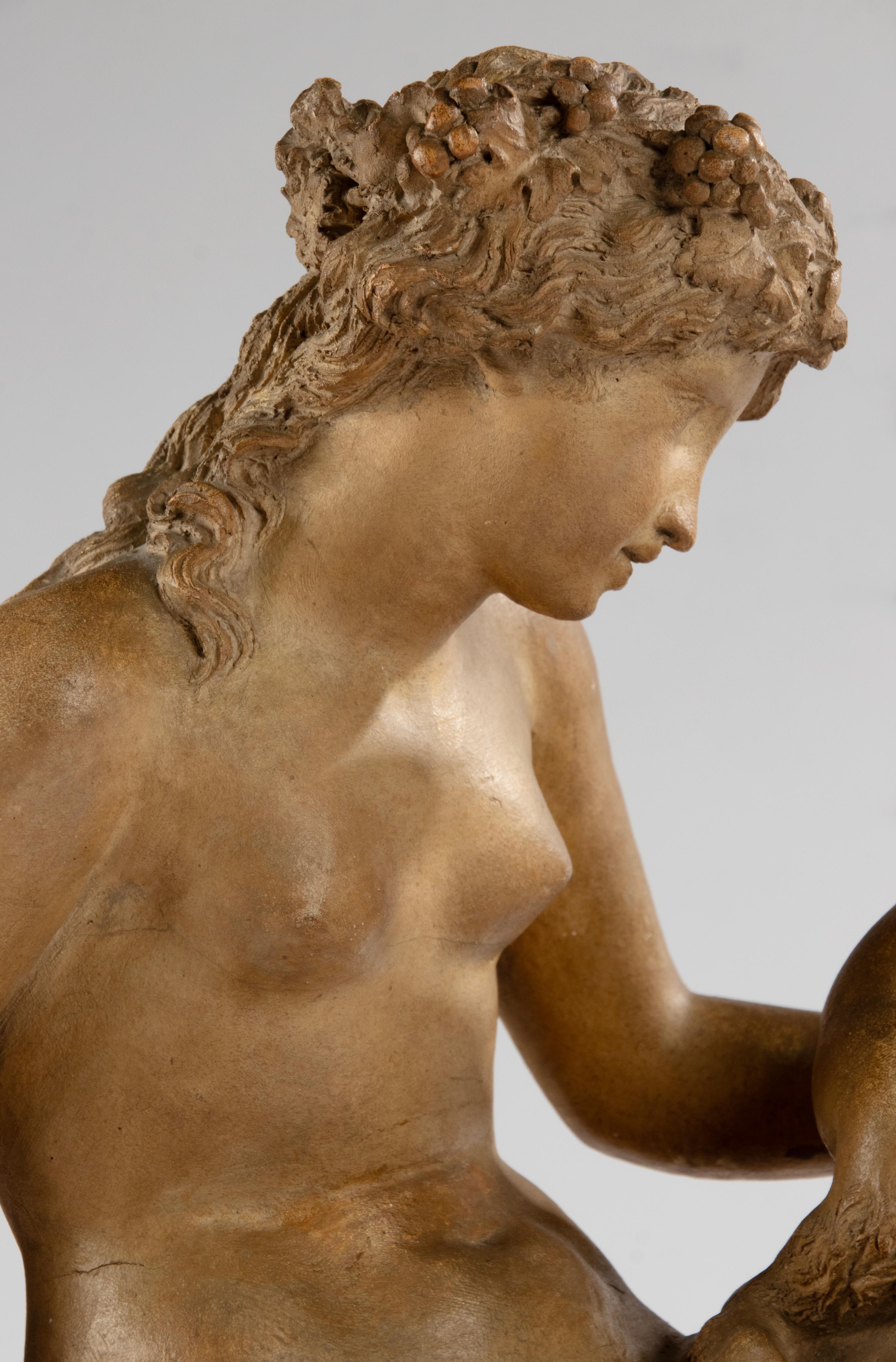 Late 19th Century Antique Terracotta Bacchanale Sculpture with Faun and Putti - After Clodion For Sale