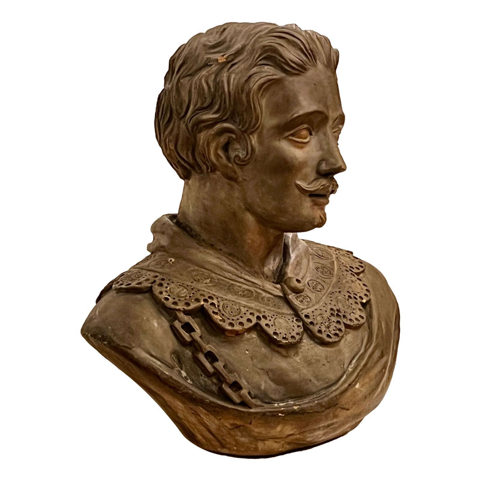 A circa 1920's French terracotta bust of a gentleman.

Measurements:
Height: 17