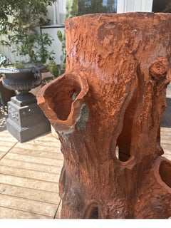 Antique Terracotta Faux Bois Tree Trunk Planter with Sculptural Openings