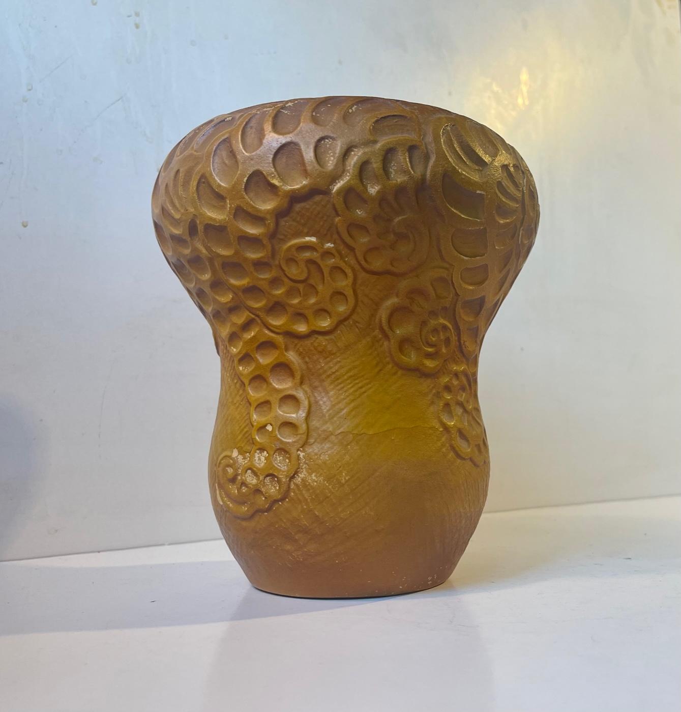 Unique pottery/terracotta vase in a gourd shape. Decorated in relief with squid tentacles and hand-painted. Distinct art nouveau - jugend styling. It was made at the workshop of Michael Andersen & Son in Denmark between 1908-16. Measurements: