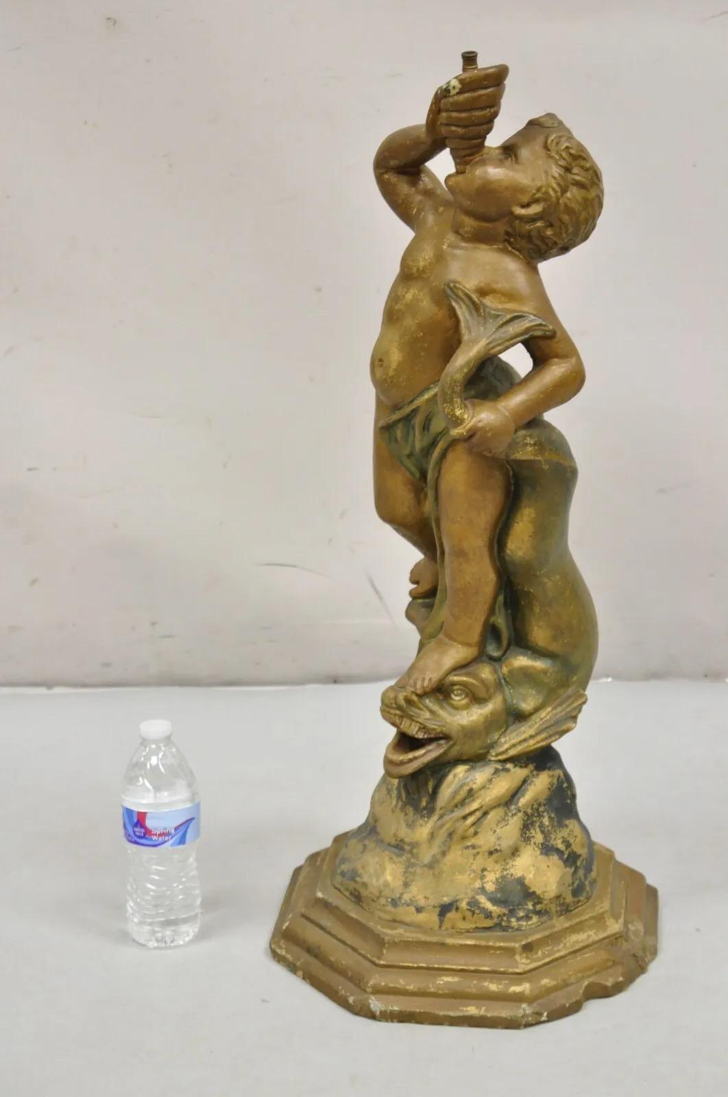 Antique Terracotta Italian Classical Boy Putti & Dolphin Statue Garden Fountain For Sale 6
