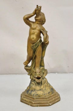Antique Terracotta Italian Classical Boy Putti & Dolphin Statue Garden Fountain