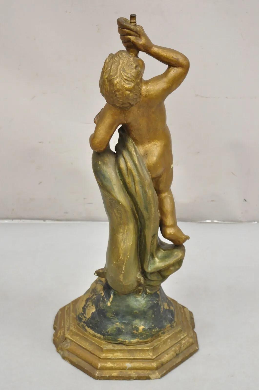 Antique Terracotta Italian Classical Boy Putti & Dolphin Statue Garden Fountain For Sale 4