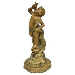 Used Terracotta Italian Classical Boy Putti & Dolphin Statue Garden Fountain