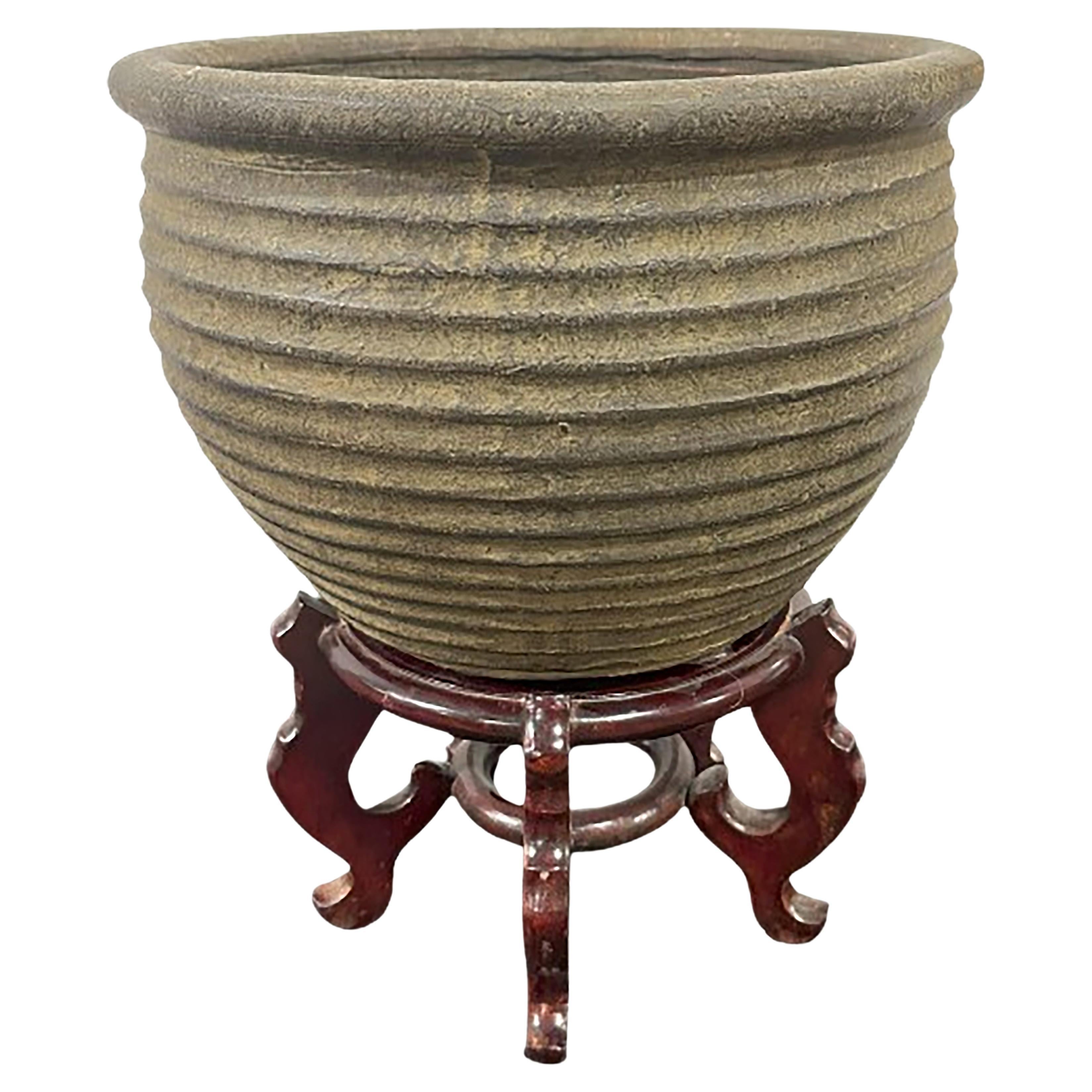   Antique Terracotta Planter with Carved Cherrywood Chinese lacquered Base For Sale