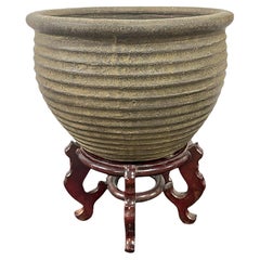  Used Terracotta Planter with Carved Cherrywood Chinese lacquered Base