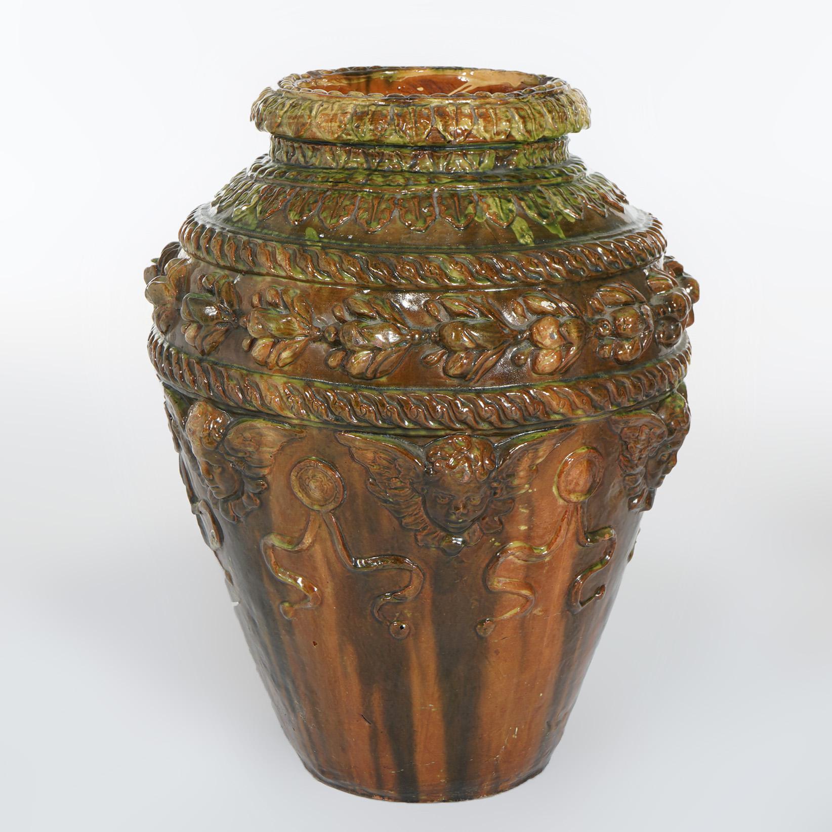 19th Century Antique Terracotta Pottery Figural Oil Jar Floor Vase 19th C