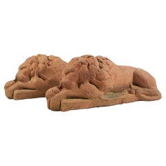 Antique Terracotta Recumbent Lions, Continental, Late 19th/Early 20th Century