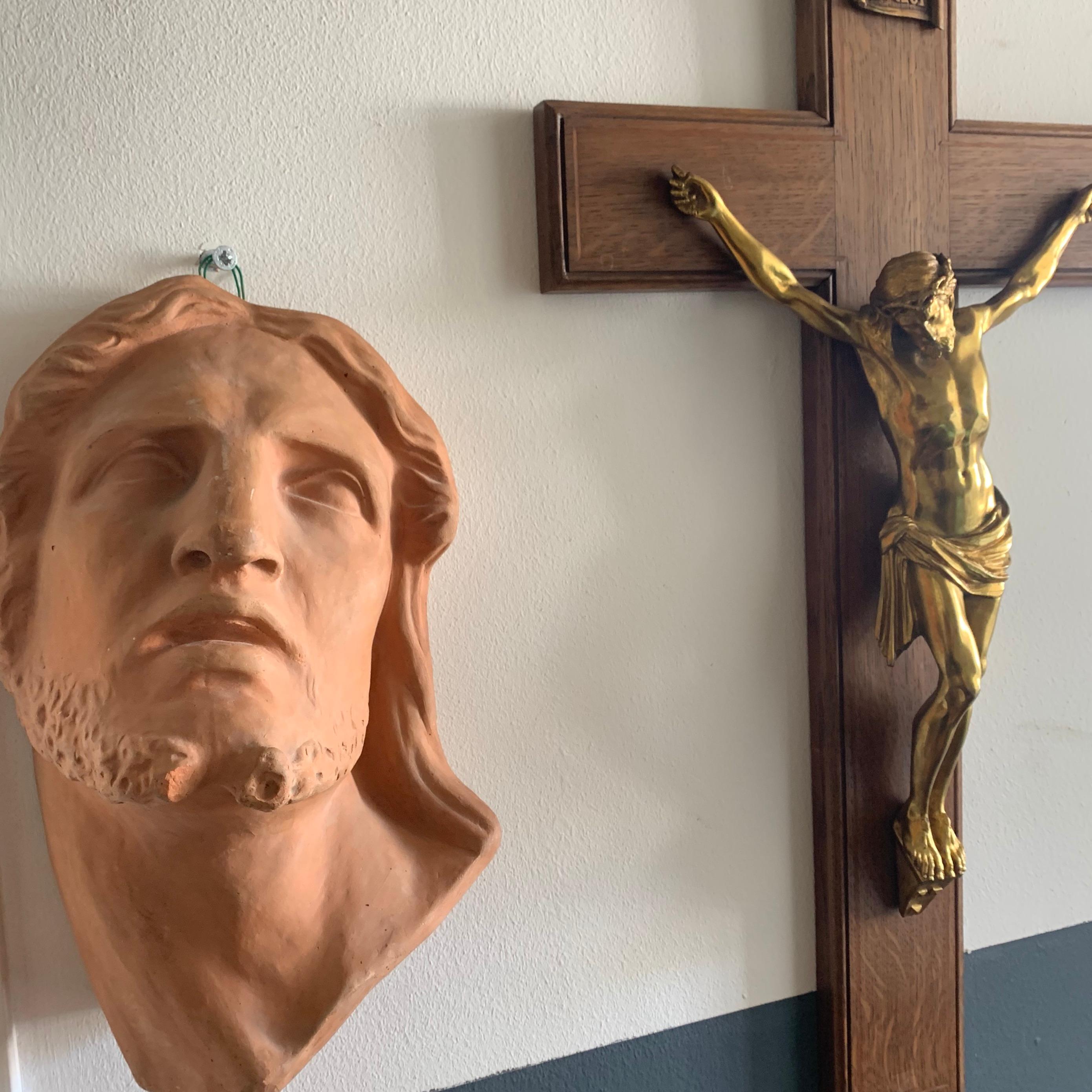 Renaissance Revival Antique Terracotta Religious Wall Plaque / Sculpture of Christ in Deep Relief For Sale