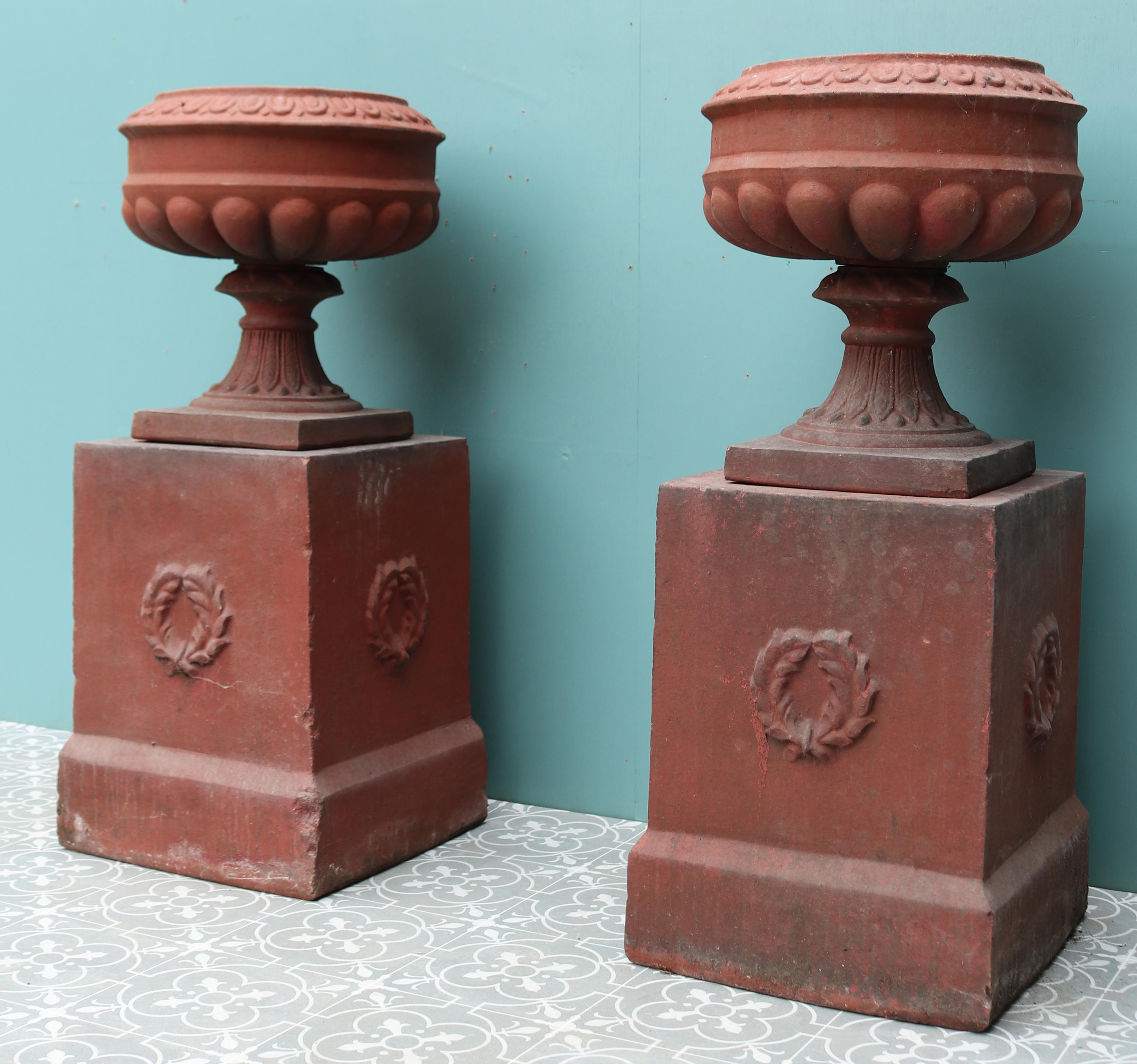 Antique Terracotta Urns with Pedestals In Fair Condition For Sale In Wormelow, Herefordshire