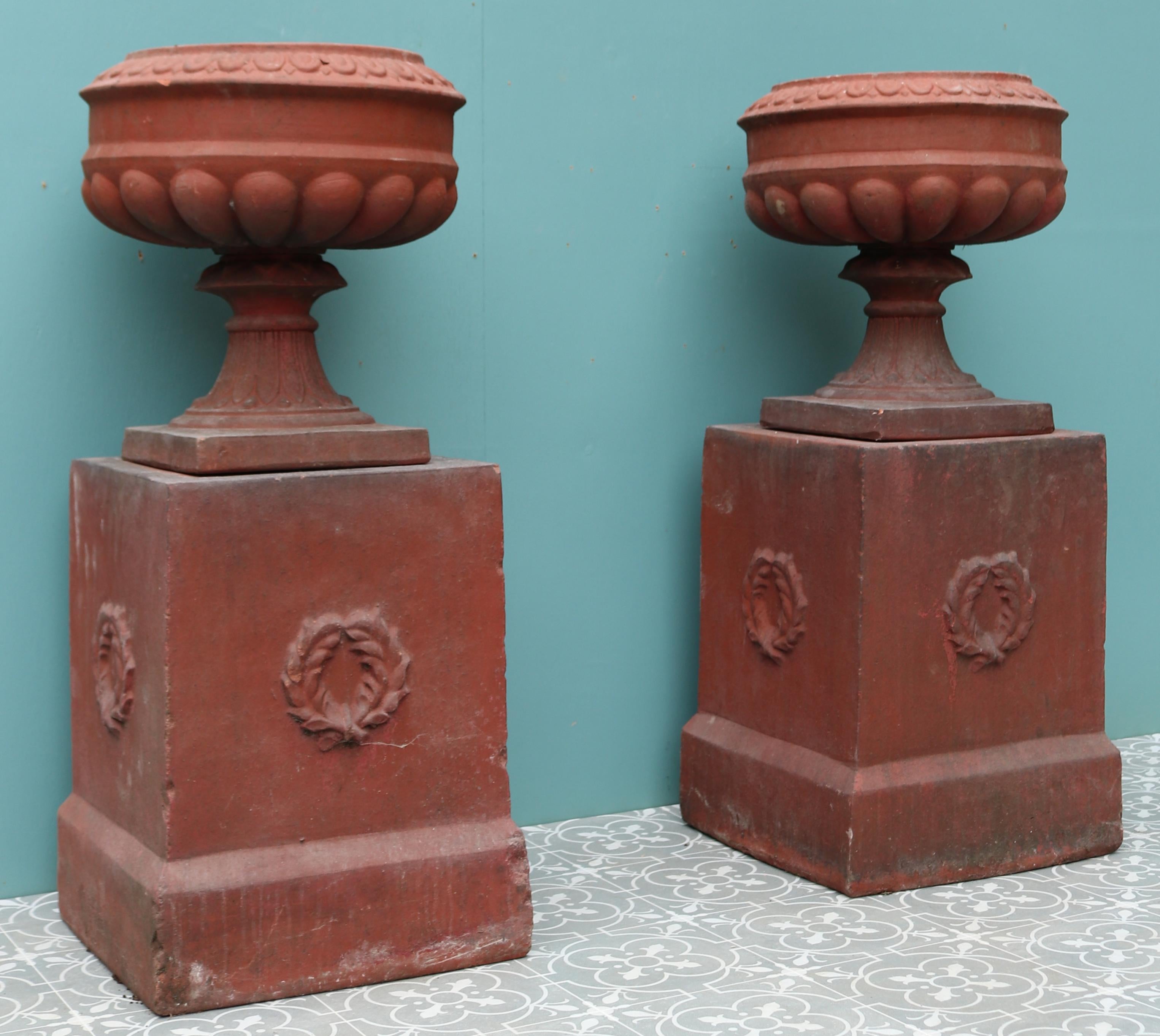 19th Century Antique Terracotta Urns with Pedestals For Sale