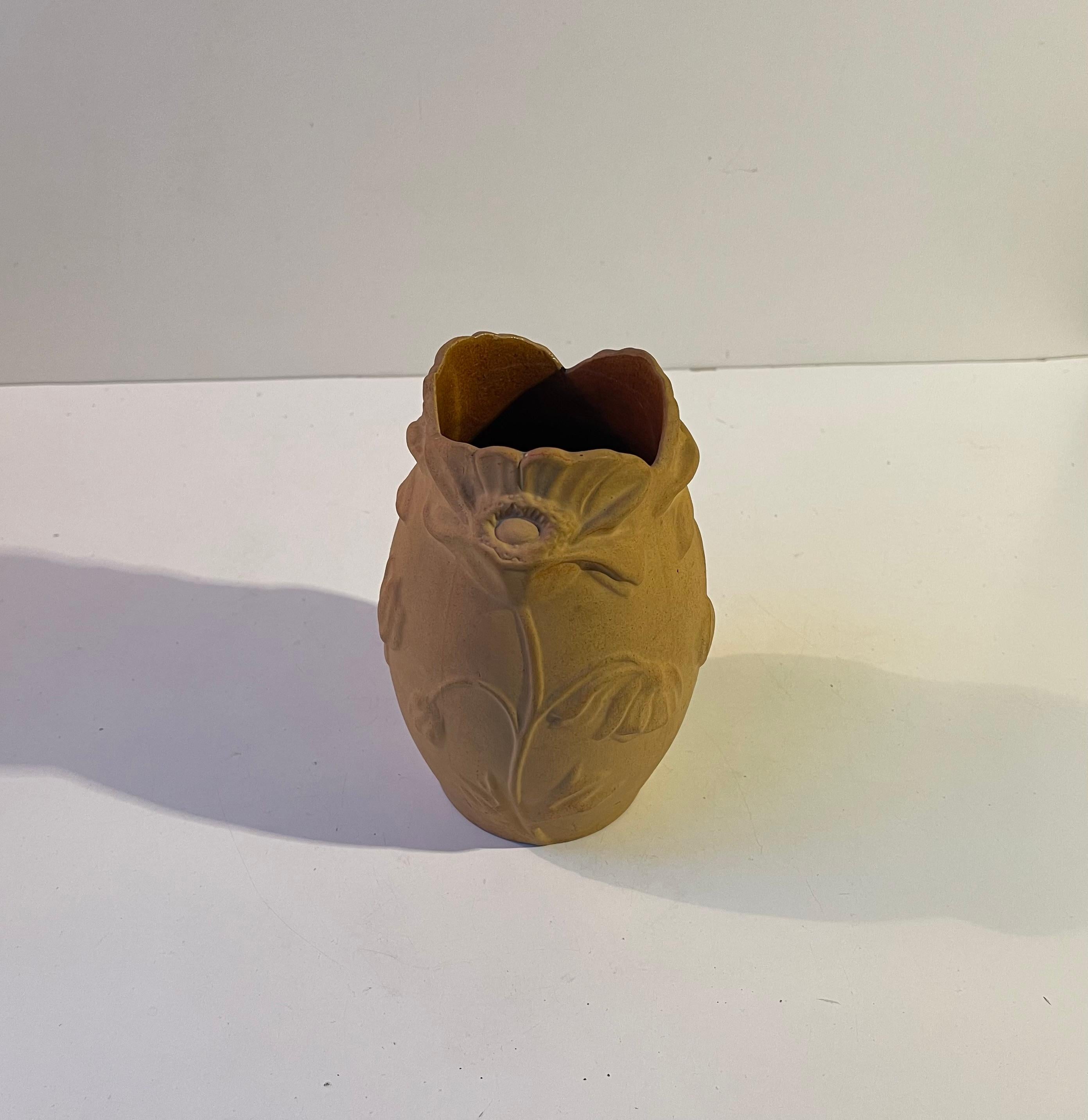 Unglazed Antique Terracotta Vase with Flowers in Relief by Søholm Denmark, 1920s