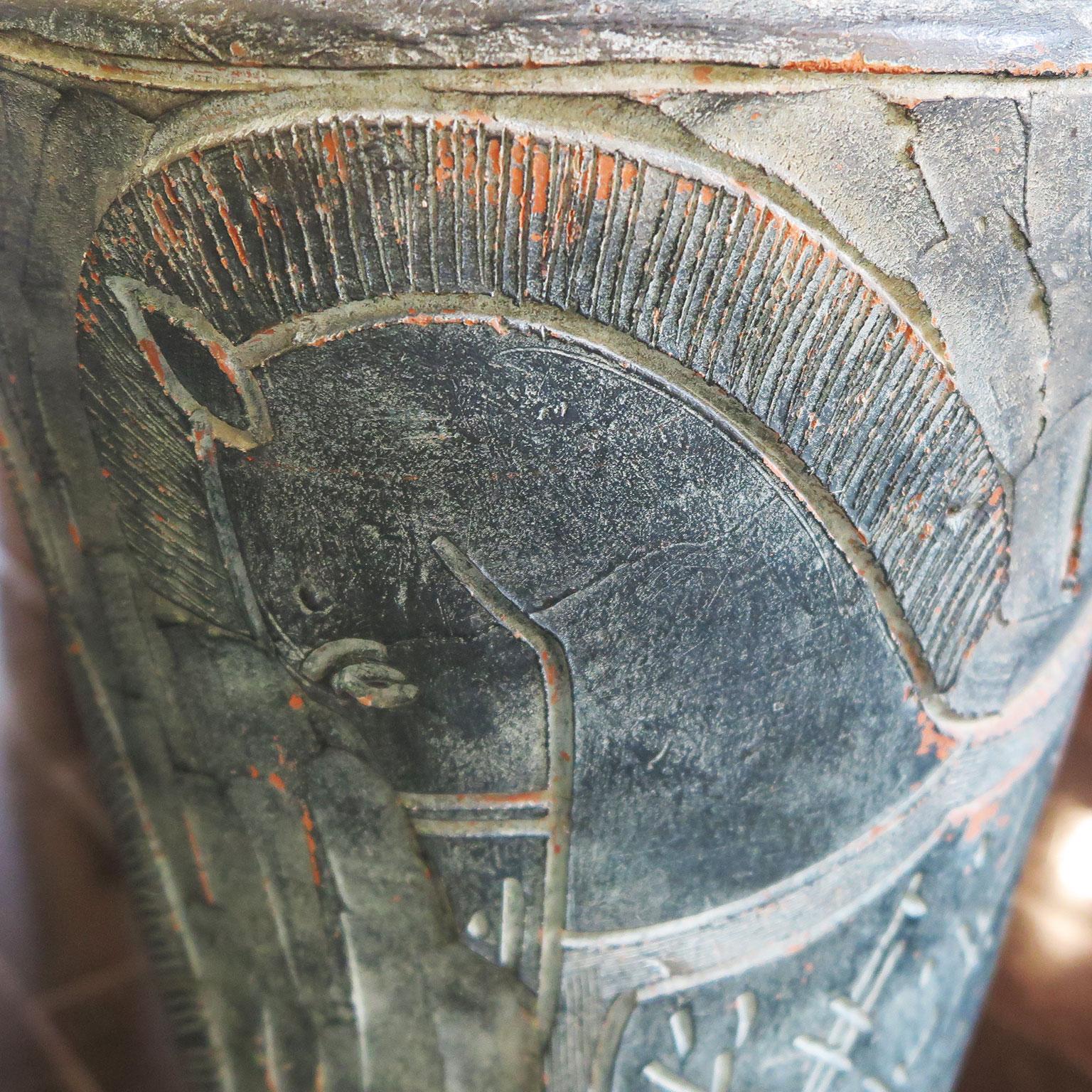 Tribal Antique Terracotta Vessel with Horse Engraving
