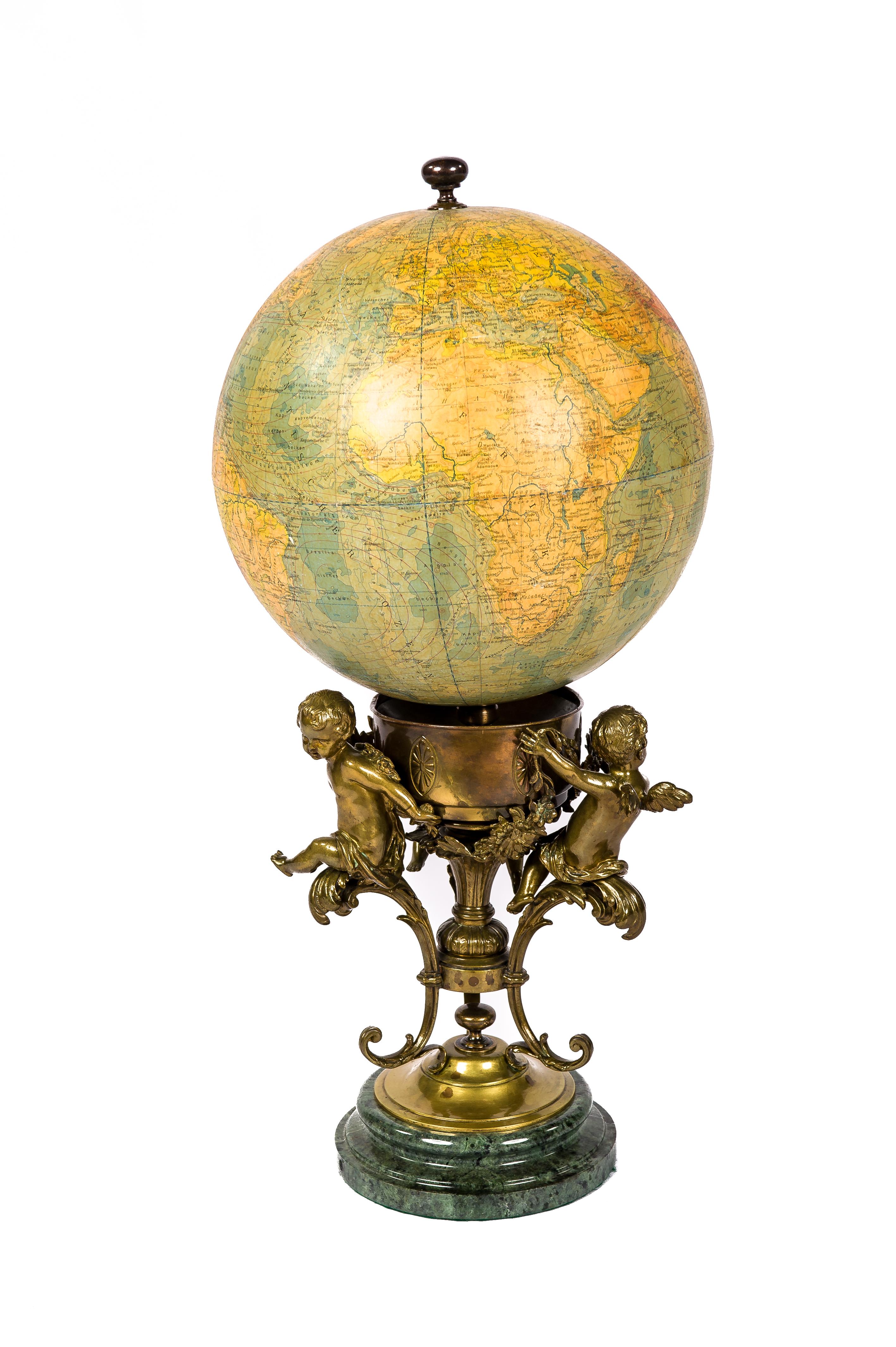 Cast Antique Terrestrial Globe by German Institute Ráths on Brass and Marble Base For Sale