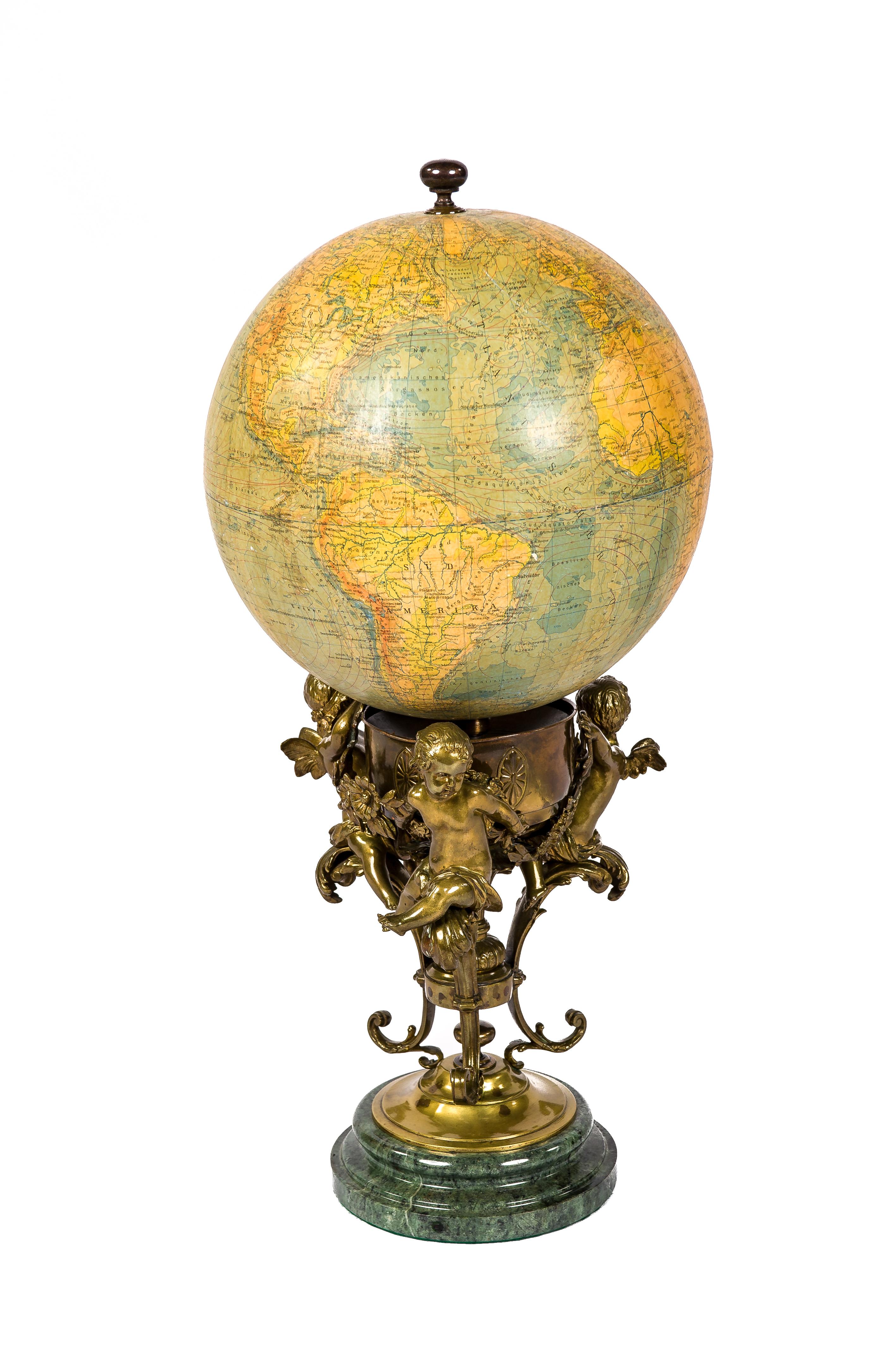 Antique Terrestrial Globe by German Institute Ráths on Brass and Marble Base In Good Condition For Sale In Casteren, NL
