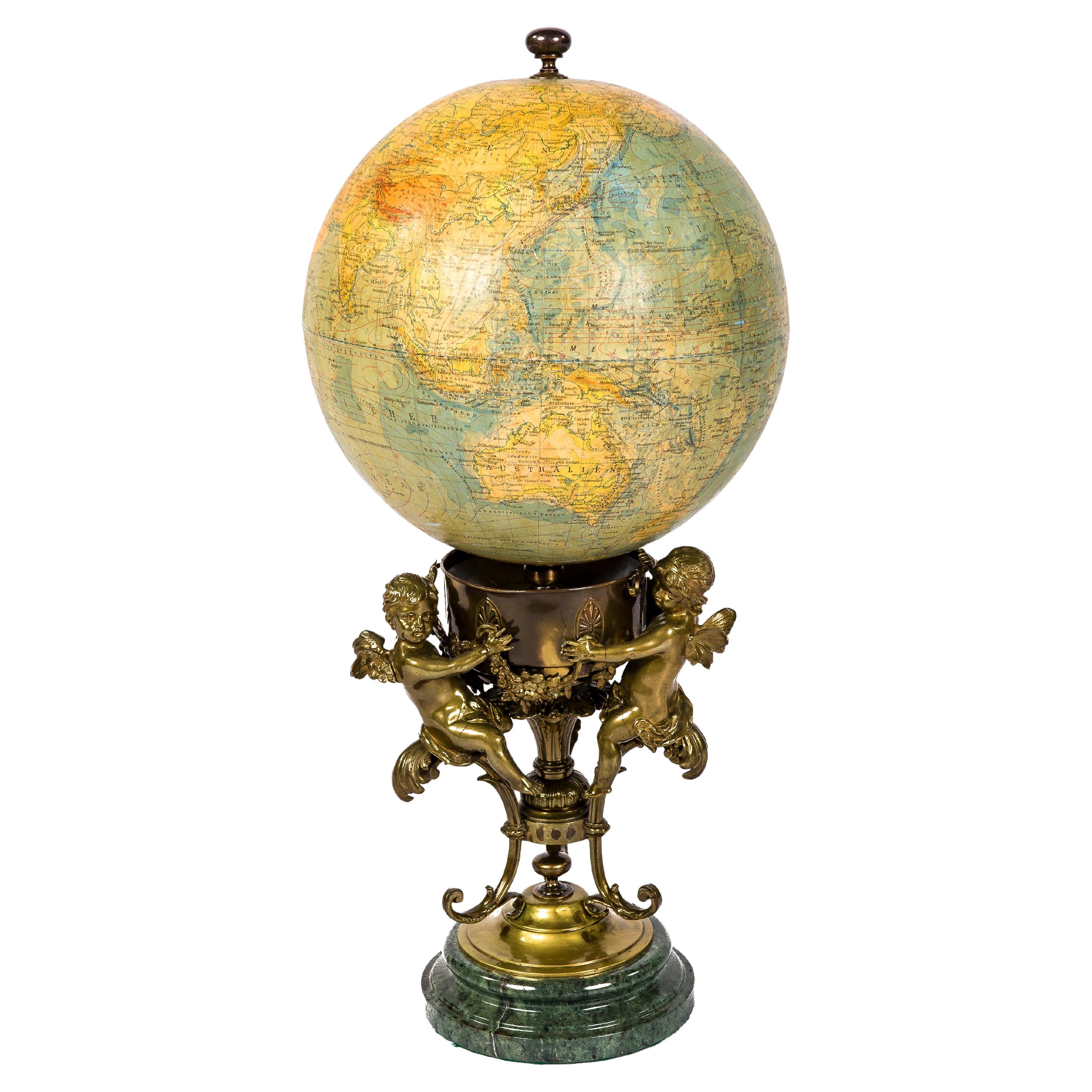 Antique Terrestrial Globe by German Institute Ráths on Brass and Marble Base For Sale