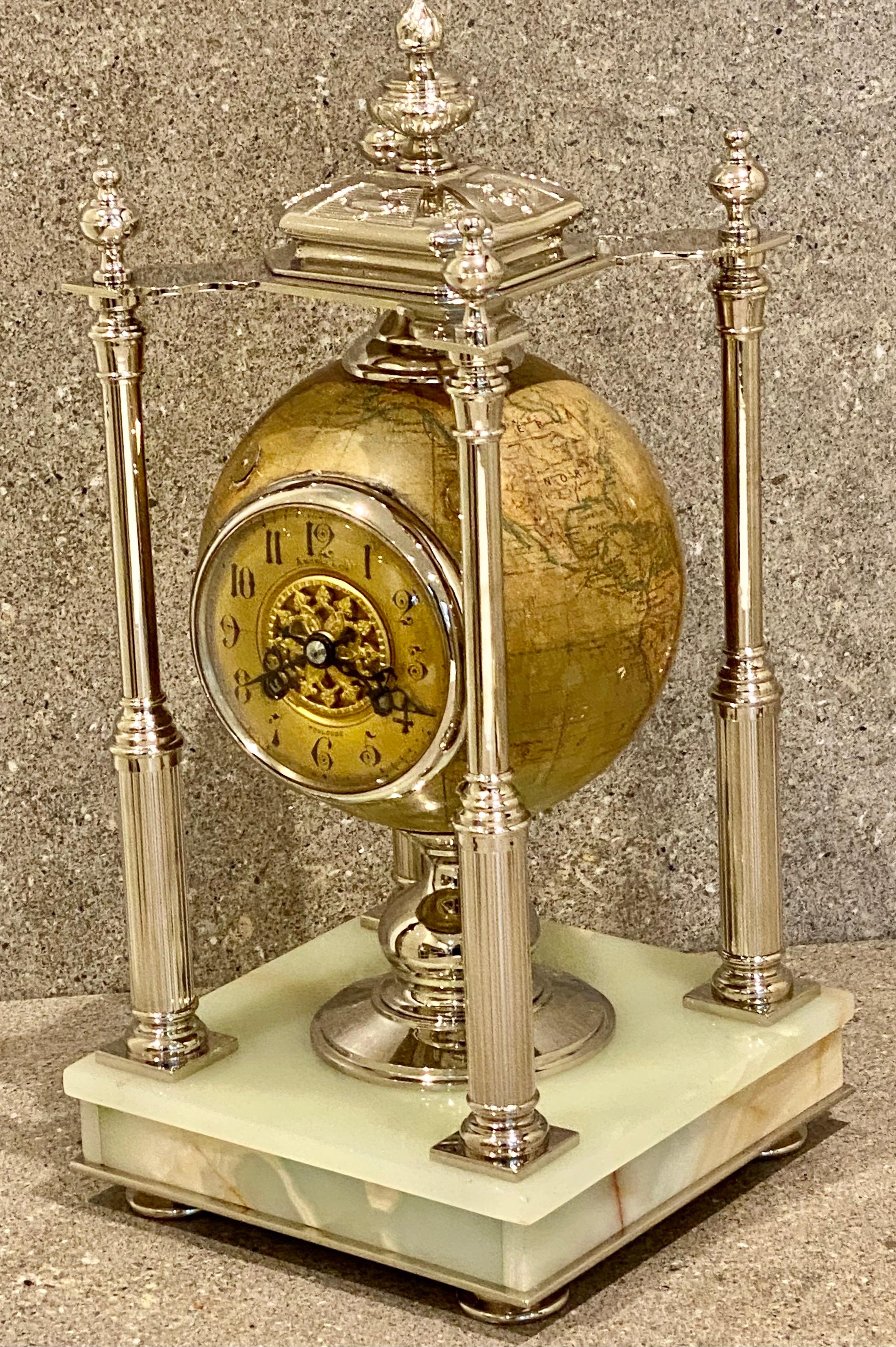 Antique Terrestrial Globe Clock Silver and Pale Onyx French, Circa 1890 In Excellent Condition For Sale In London, GB