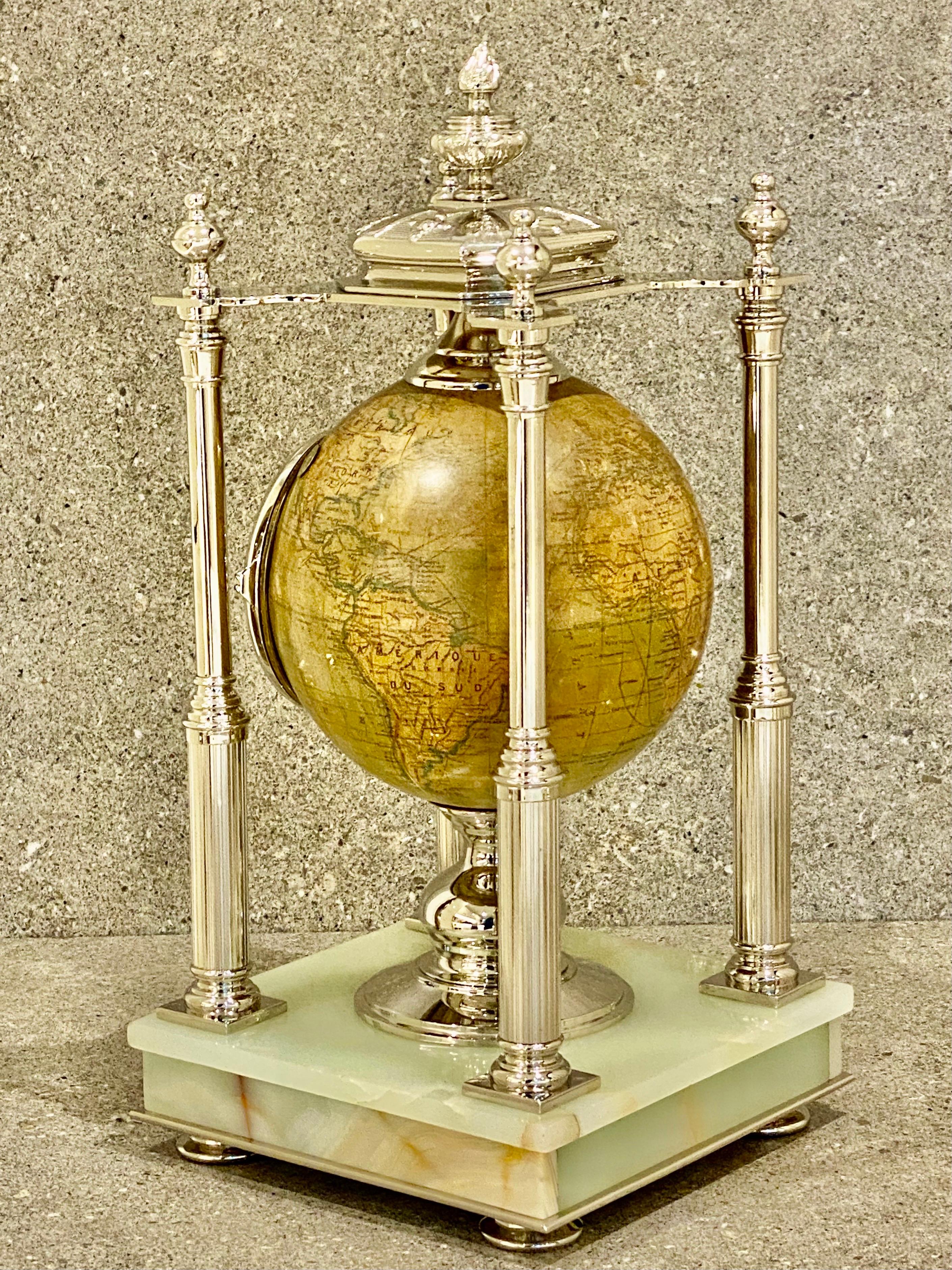 Silver Plate Antique Terrestrial Globe Clock Silver and Pale Onyx French, Circa 1890 For Sale