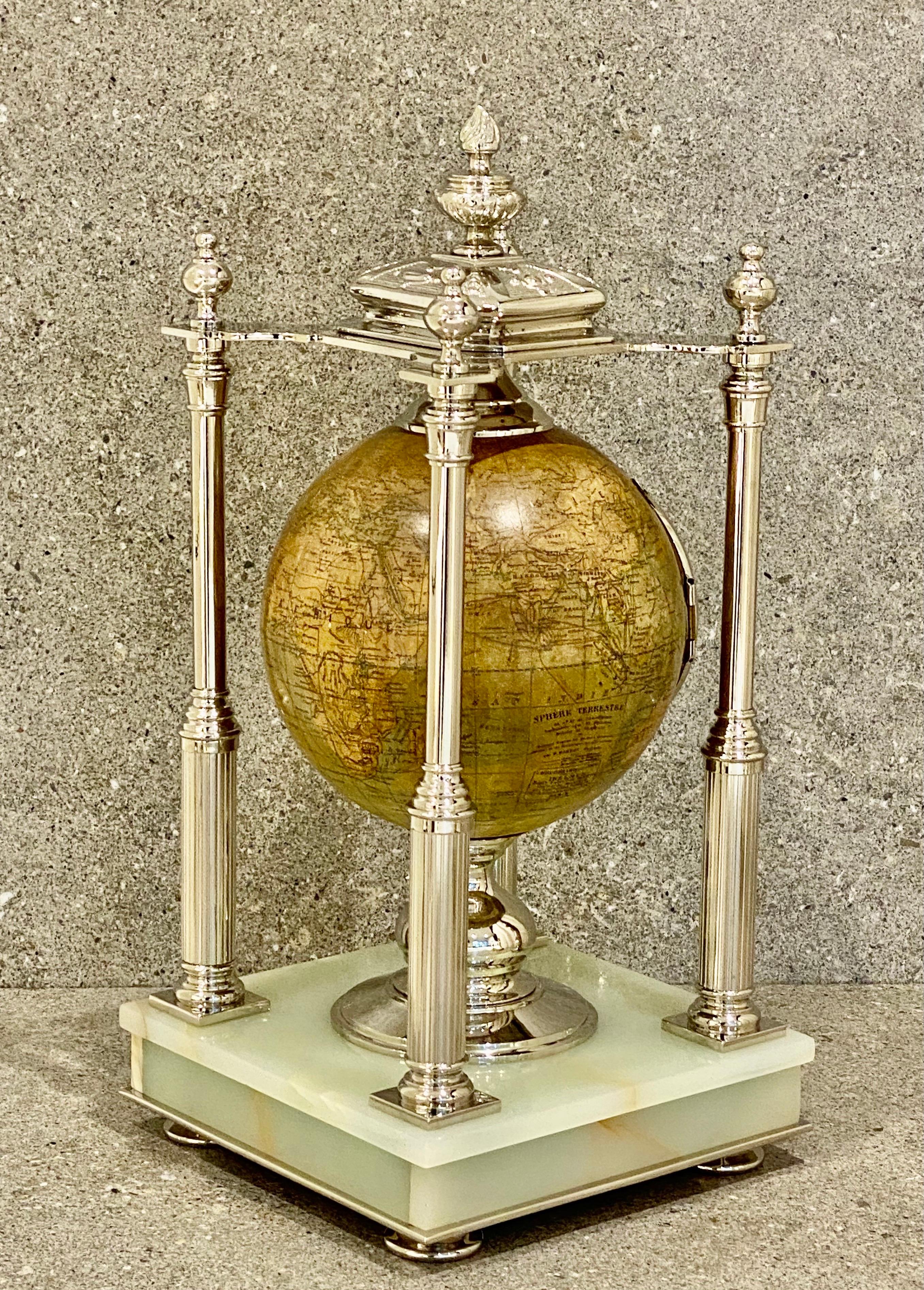 Antique Terrestrial Globe Clock Silver and Pale Onyx French, Circa 1890 For Sale 1