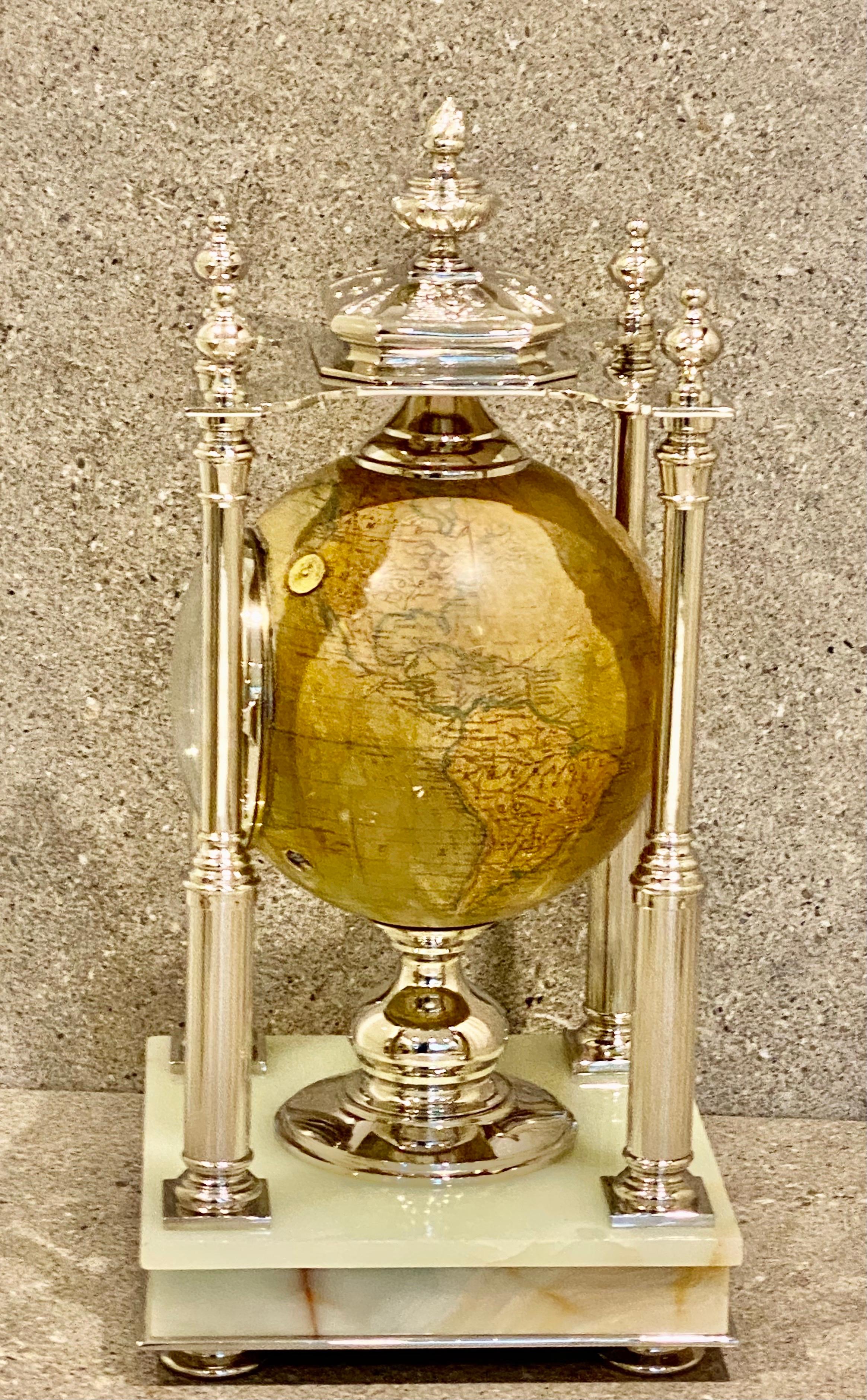 Antique Terrestrial Globe Clock Silver and Pale Onyx French, Circa 1890 For Sale 2