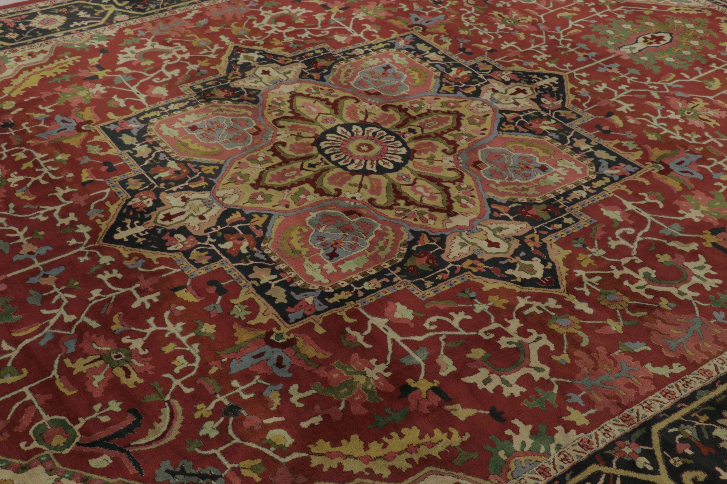 Heriz Serapi Tappeto antico con ganci Tetex, rosso con medaglione floreale colorato - Rug & Kilim in vendita