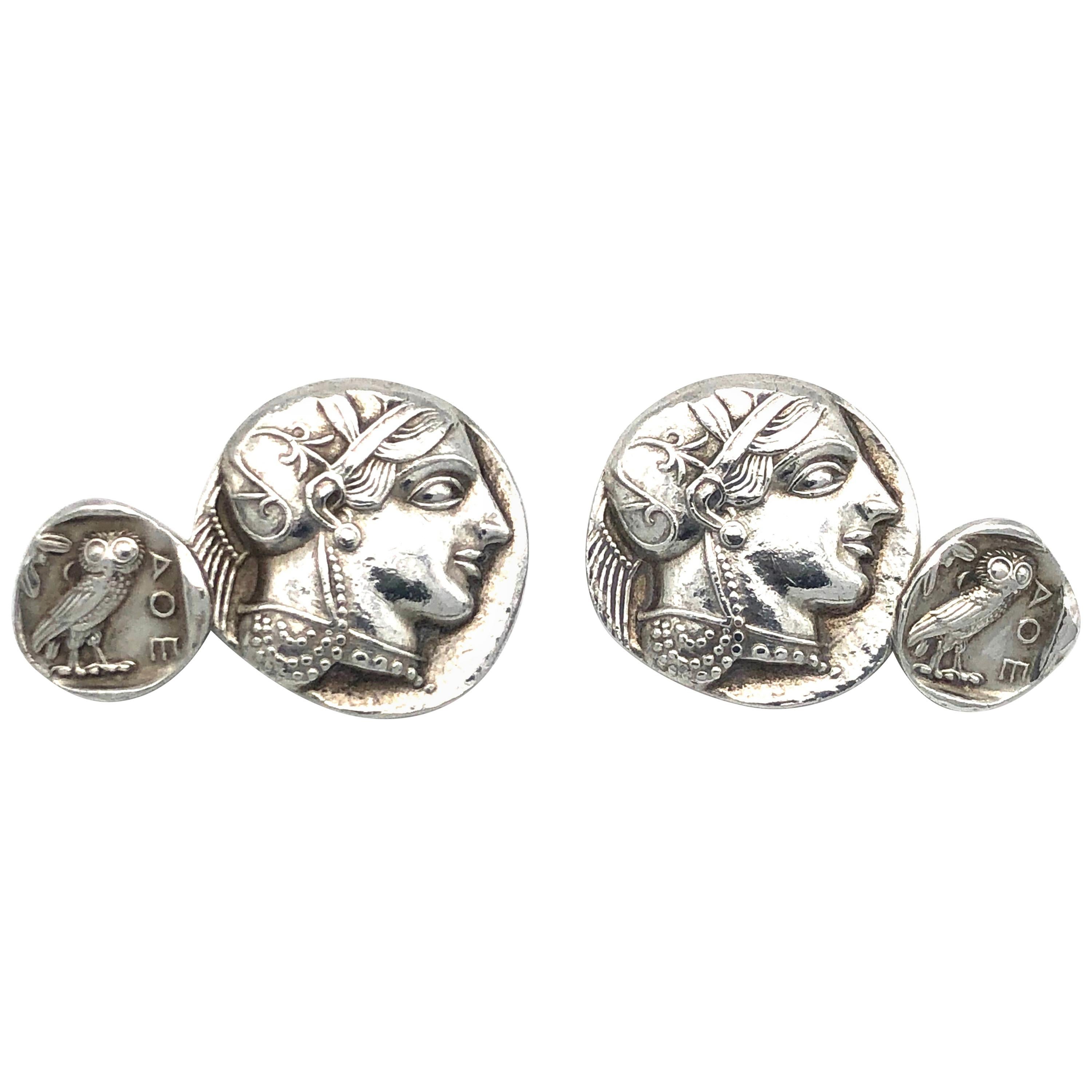 Antique Tetradrachm Coin Silver Cufflinks Athena Owl Wisdom Alpha Theta Epsilon