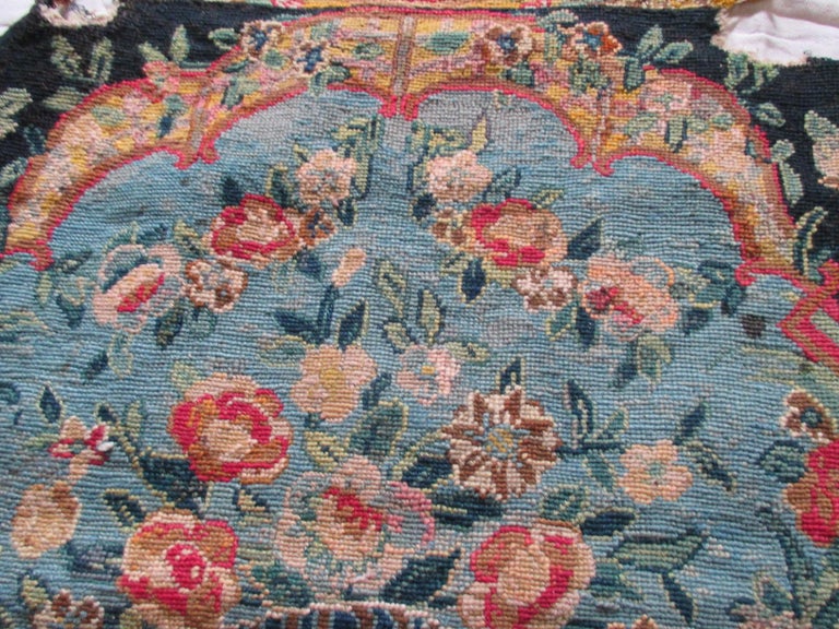 Regency Antique Textile Blue Floral Square Needlepoint Tapestry Seat Cover For Sale
