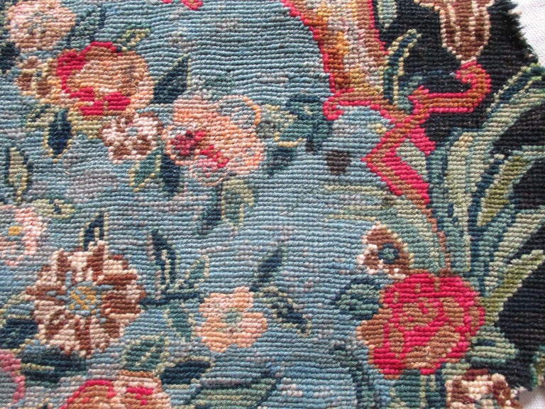 French Antique Textile Blue Floral Square Needlepoint Tapestry Seat Cover For Sale