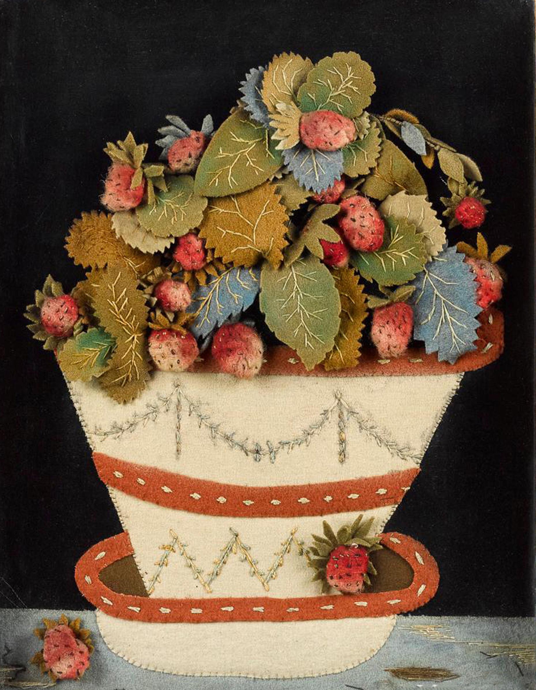 Antique Feltwork picture of a strawberry plant in a pot,
Possibly American,
circa 1860
(NY9570-cknp)

A charming feltwork picture of a strawberry plant in a decorated pottery cache pot and stand placed on a tablecloth. A ripe strawberry sits on
