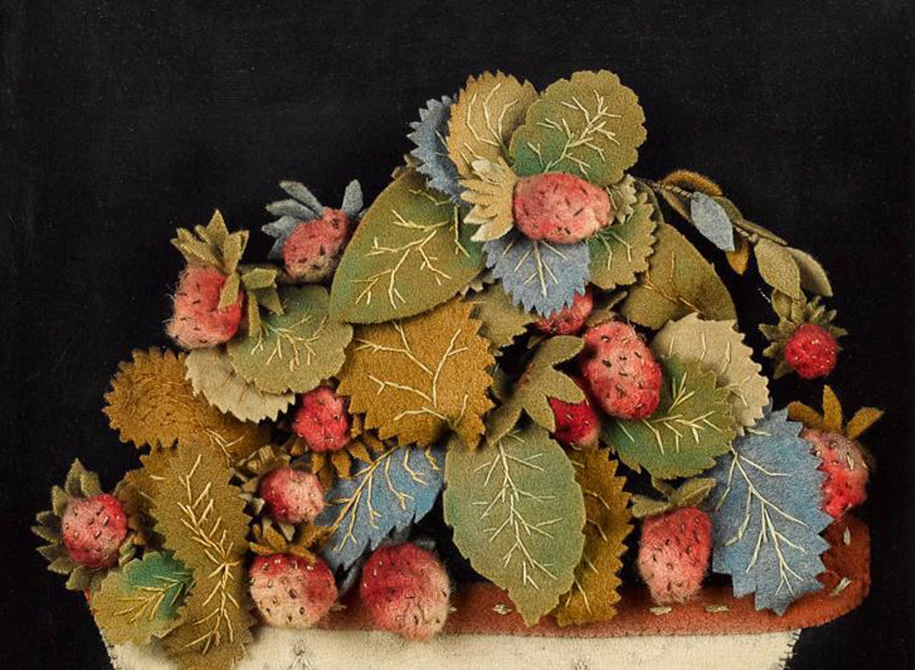 Folk Art Antique Textile Feltwork Picture of a Strawberry Plant in Pot, Possibly American