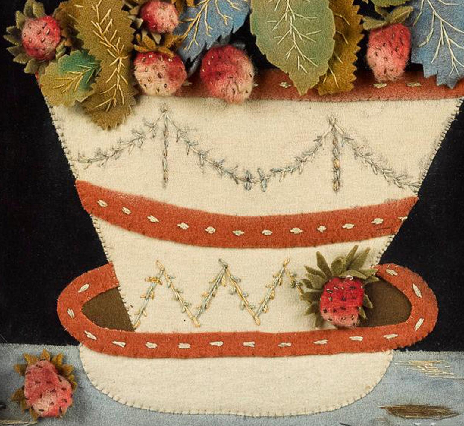 Antique Textile Feltwork Picture of a Strawberry Plant in Pot, Possibly American In Good Condition In Downingtown, PA