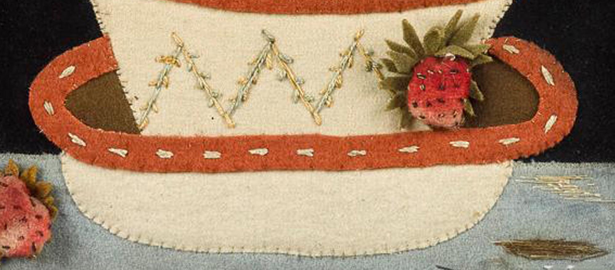 19th Century Antique Textile Feltwork Picture of a Strawberry Plant in Pot, Possibly American