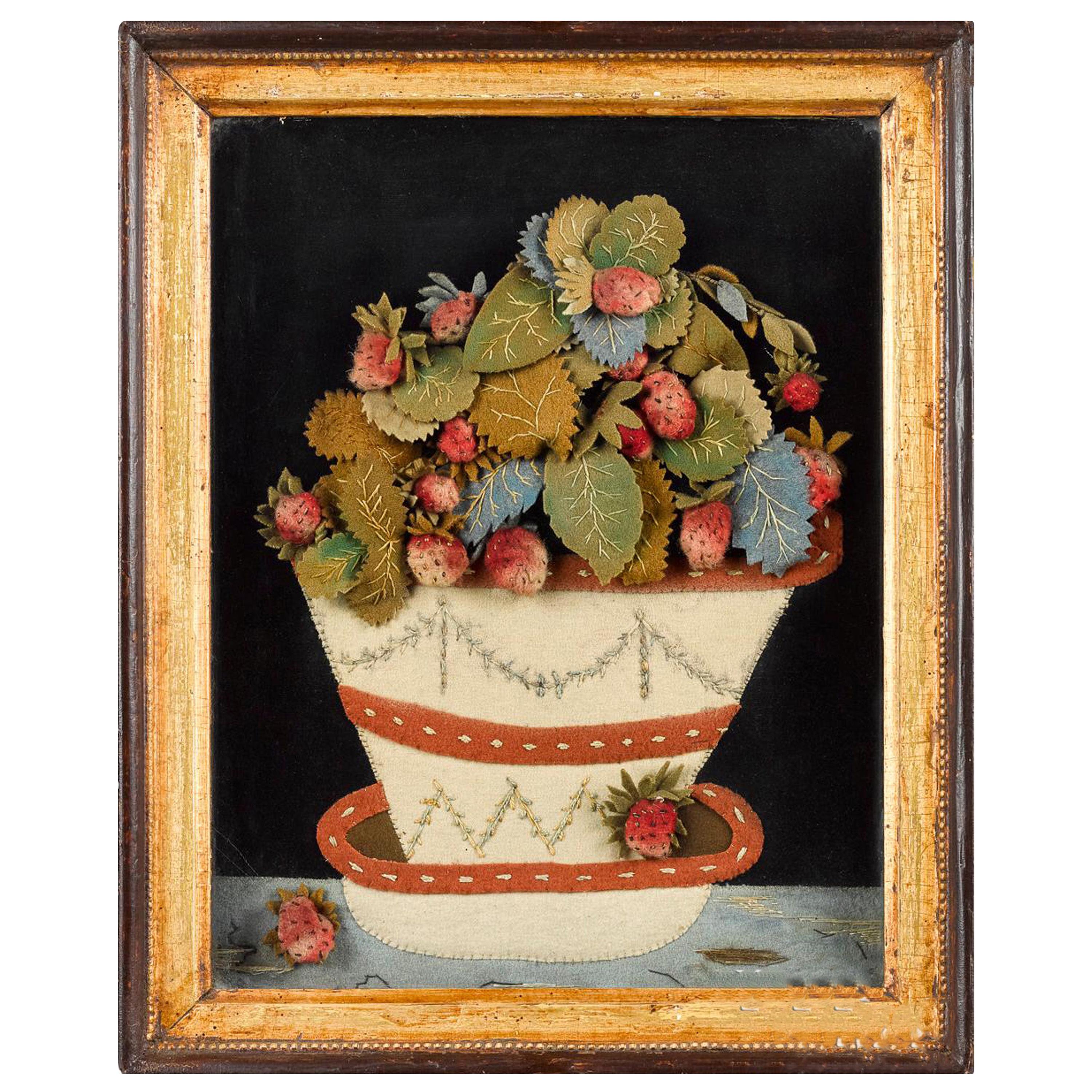 Antique Textile Feltwork Picture of a Strawberry Plant in Pot, Possibly American